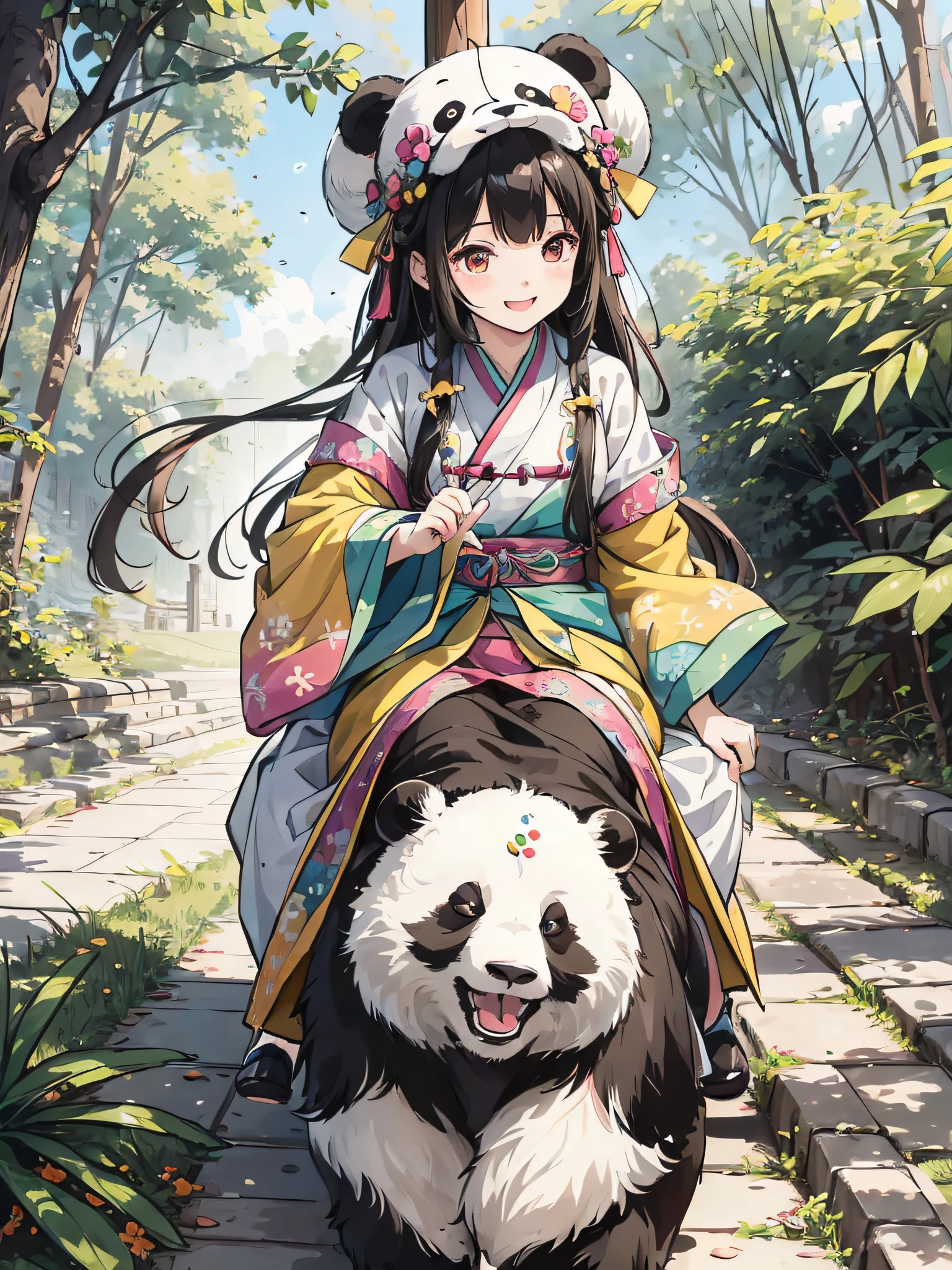 absurdres, highres, ultra detailed, (1girl:1.3), hand drawn, simple line, 16yo girl in colorful Song Hanfu, beautiful girl, masterpiece, riding a panda, happy, smile