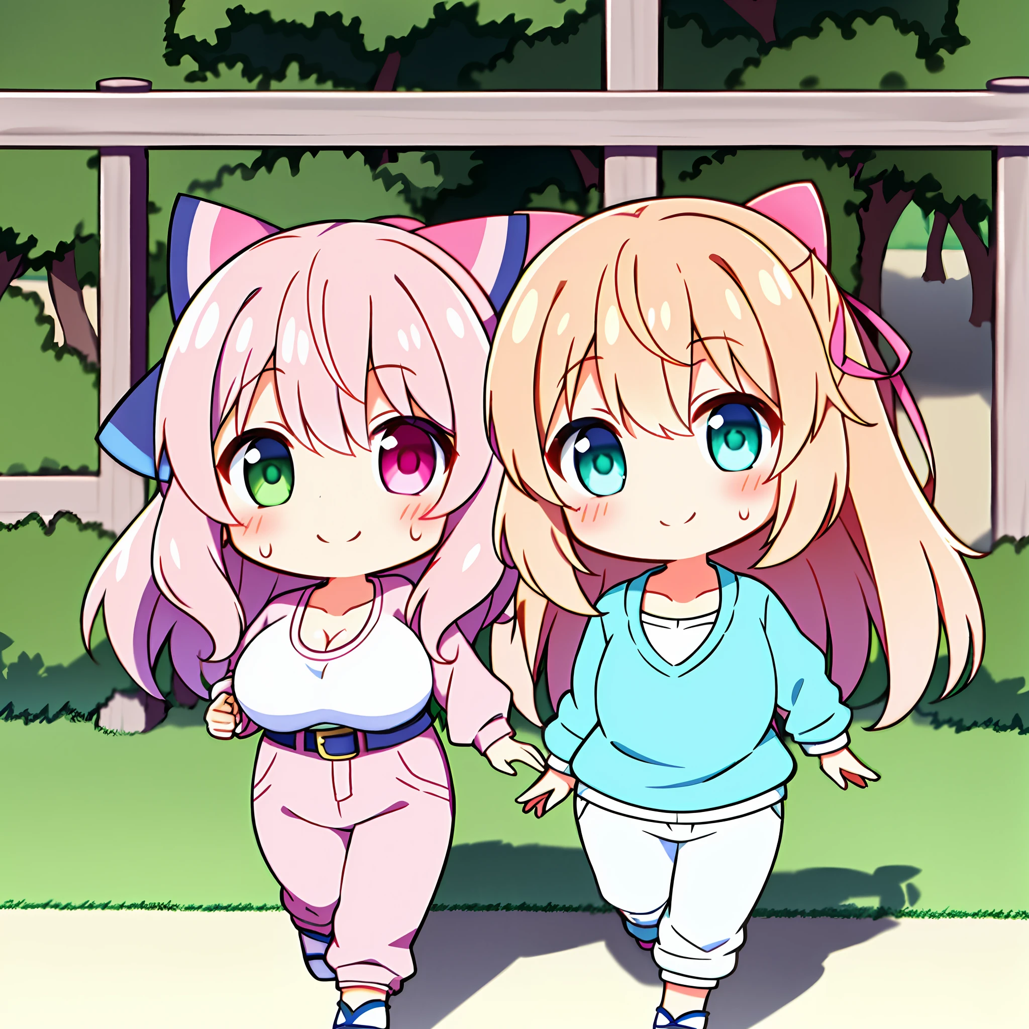 (Masterpiece, Super Detail, Top Quality, 8k, 32K, High Resolution, Kyoto Animation Style Anime Illustrations, Top Quality Official Art Features: 1.6), (Heterochromia, Blue and Green Eyes: 1.8), (Chibi: 1.8), (Caregiver, One Cute Girl, Solo, Standing, Watch Viewer, Full Body, Predecessor, Cute Open Mouth, Makeup, Cute, Happy Smile: 1.3), (Lori :1.2), (cute:1.5)、???? kawaii girl,running in the park in the morning, short of breath,(sweat)1.4,satisfied smile,wearing light brown sport bra and jogger pants,transparent shirt,soft clean focus, realistic lighting and shading,active,dynamism, (pale pink hair, twin blades, long hair, hair ribbons, cute ribbons: 1.1), thin eyebrows, ???????????