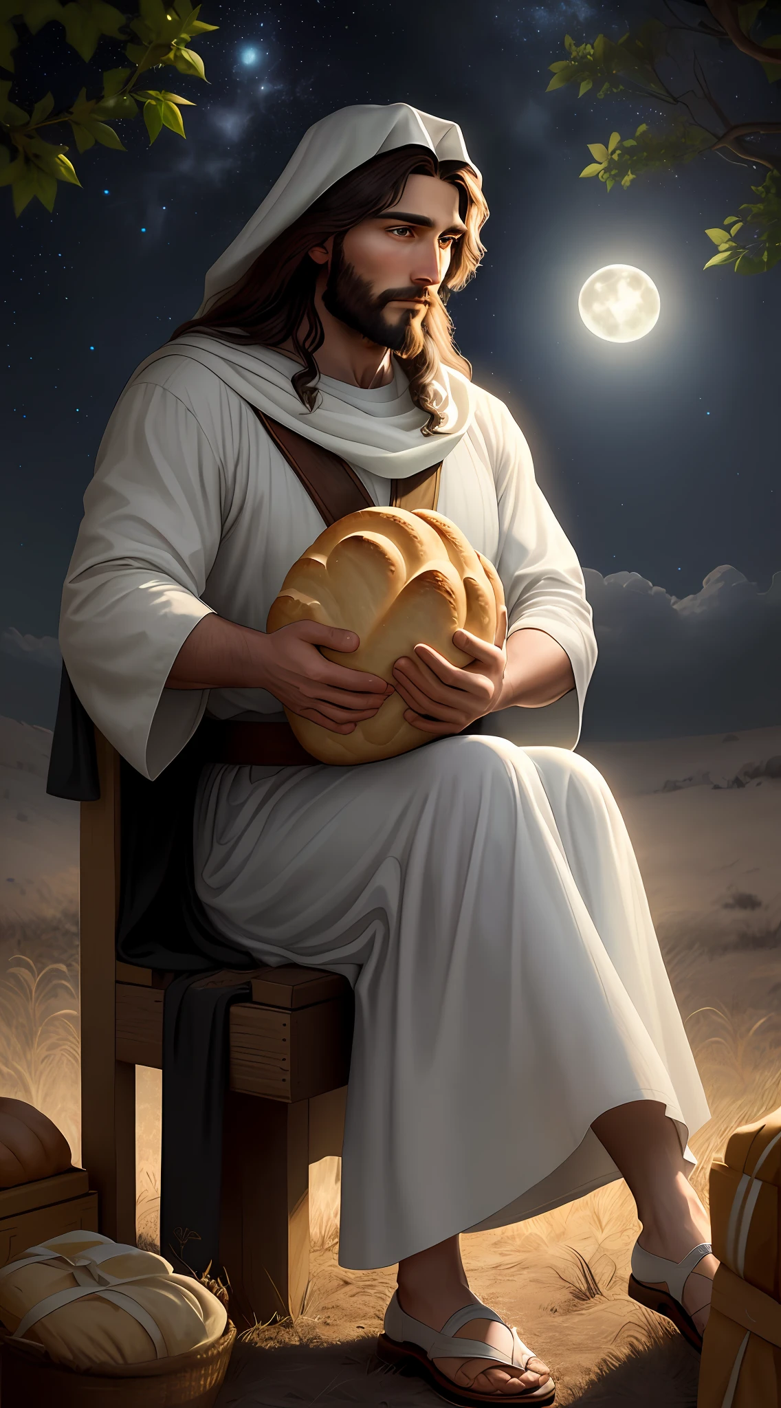 A beautiful, hyper-realistic man sitting under a tree (Jesus Christ) is clear night of full moon, and in one of his hands he holds a loaf of bread (round shaped lifting him) a beautiful and high quality image. (Catholic dogma)