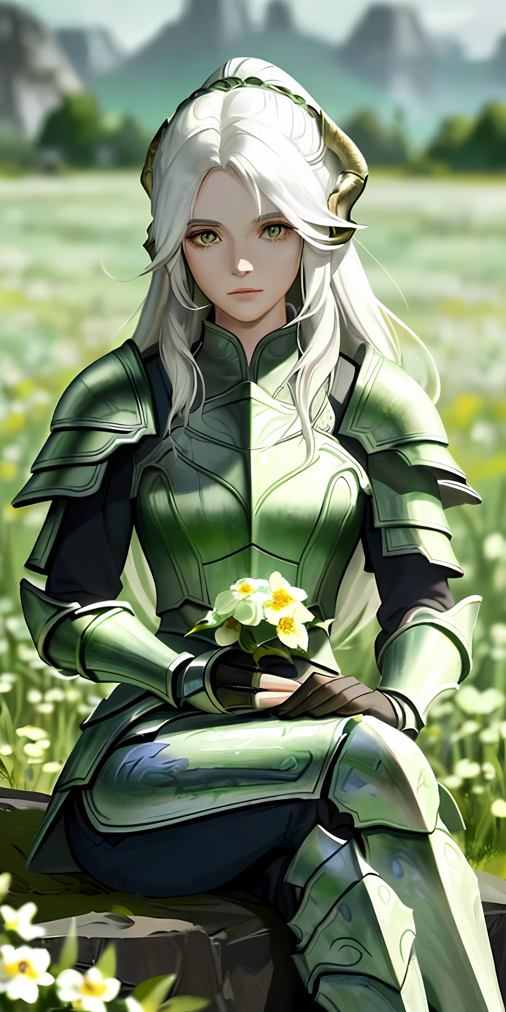 (masterpiece, best quality),1girl with long white hair sitting in a field of green plants and flowers, her hand under her chin, warm lighting, armor dragonborn, skyrim armor, blurry foreground, dragon beside her,