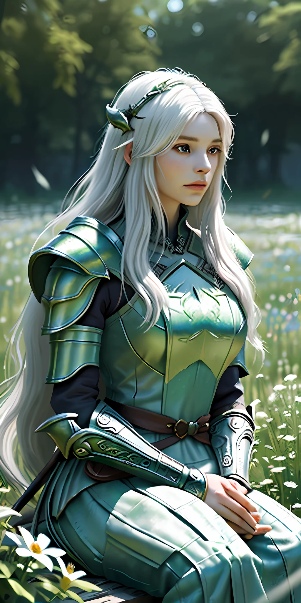 (masterpiece, best quality),1girl with long white hair sitting in a field of green plants and flowers, her hand under her chin, warm lighting, armor dragonborn, skyrim armor, blurry foreground, big great sword in back, dragon sitting in background