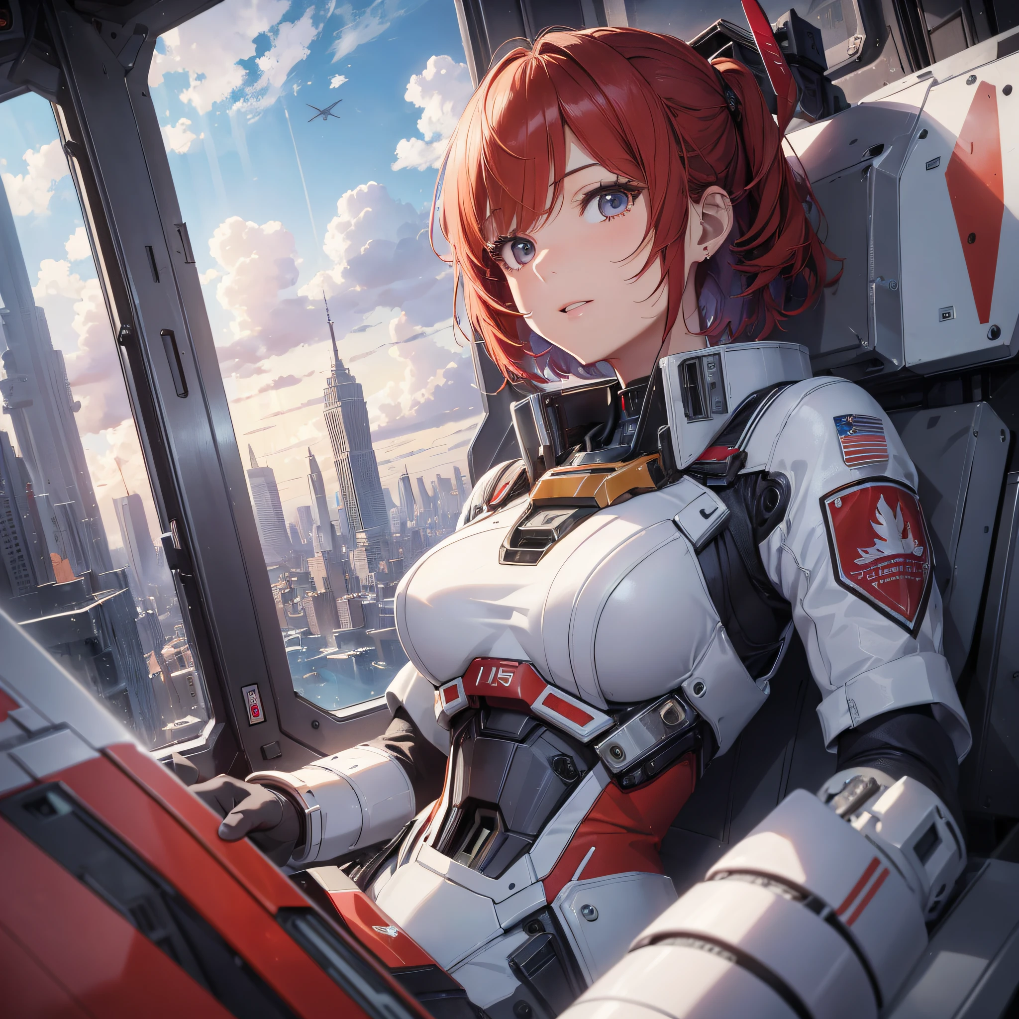 Absurd resolution, high resolution, (masterpiece: 1.4), hyper-detail, 1 young woman, short red hair, pilot suit, rich princess, sitting in an extremely narrow and closed mecha control room looking out the window, you can see the sky outside the window (1.5), expression excited, operation