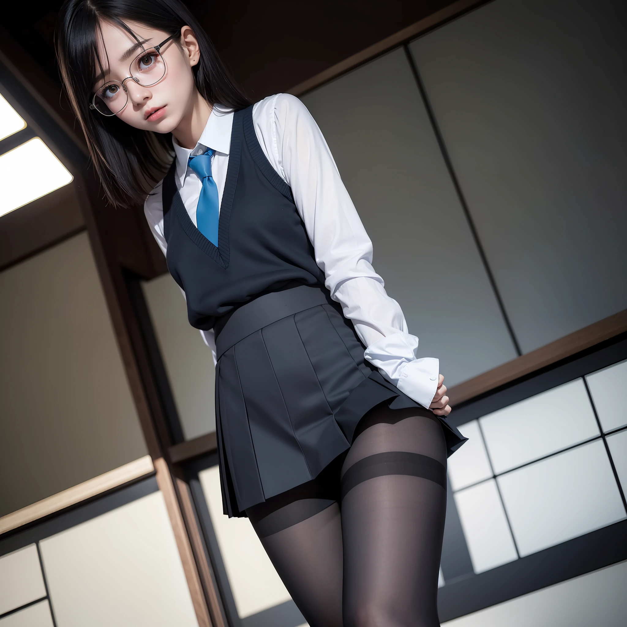 Raw photo, Candid, Narrow eyes, black pantyhose, textured skin, 1 girl, solo, full body, blue tie, (medium hair:1.2), pale skin, Japan person, glasses, small, young, tall, dark expression, bright black eyes, anger, school uniform, blue checked skirt, slender body, medium build, small waist, wide thighs, photorealistic, best quality, 8k, masterpiece