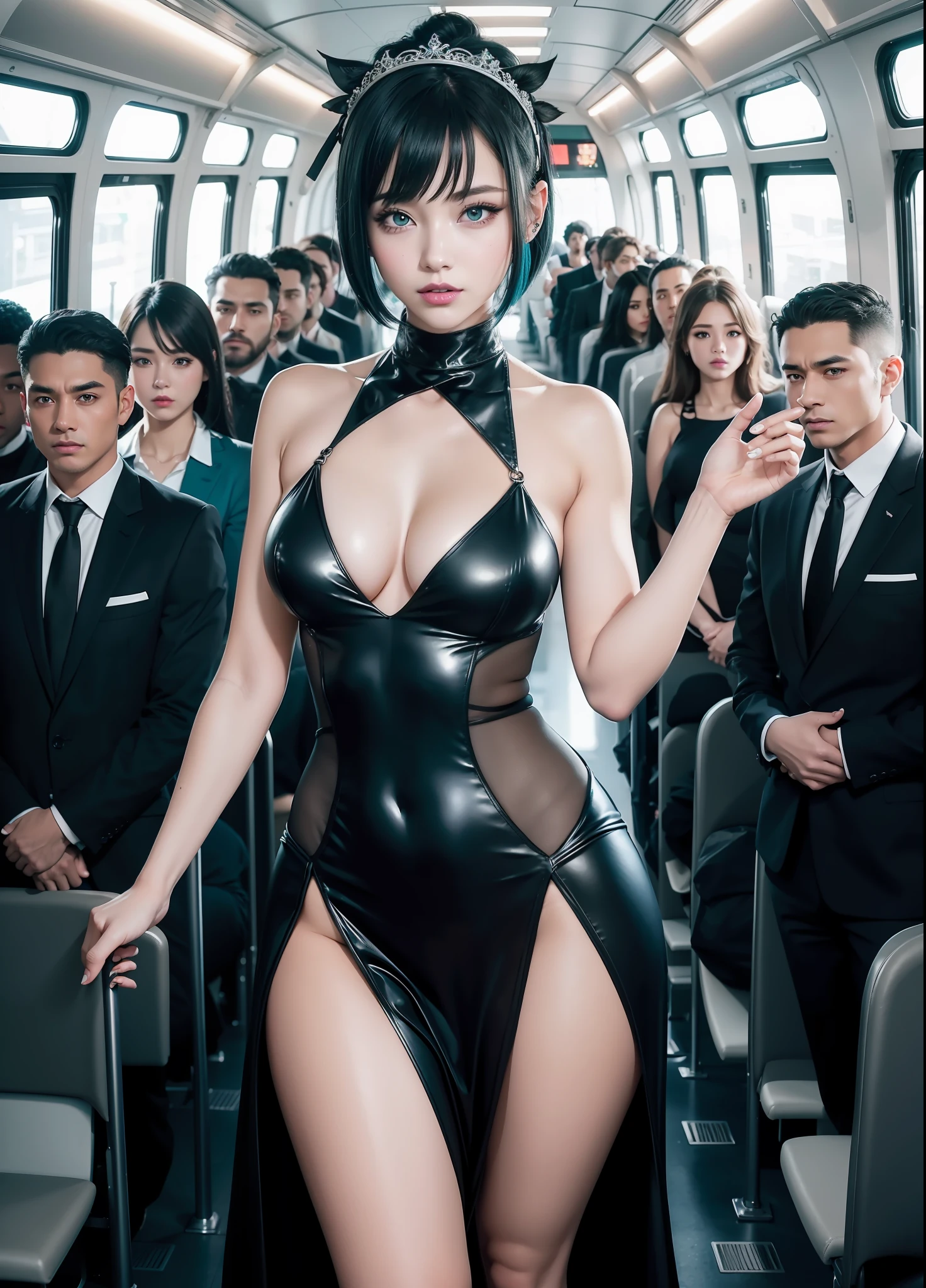 full body image of a woman and several men, "she is wearing a black costume with white parts of a maid mixed with Spider Woman, extremely tight in the body, maid headdress on her head, standing posture, she has "short straight blue hair , green eyes and big breasts", "they are wearing a suit and tie and are holding her", "she is looking at the viewer, her face is flushed, light makeup, she is wearing blue lipstick on her mouth, she has hair with a white streak, landing, hands clenched", are on a crowded bus at night, anime, anime style, anime, anime style, NVIDIA RTX, anatomically correct, 16k, best quality, award winning, high quality, UHD, masterpiece, anatomically correct, 16k, best quality, award winning, high quality, UHD, masterpiece, high details