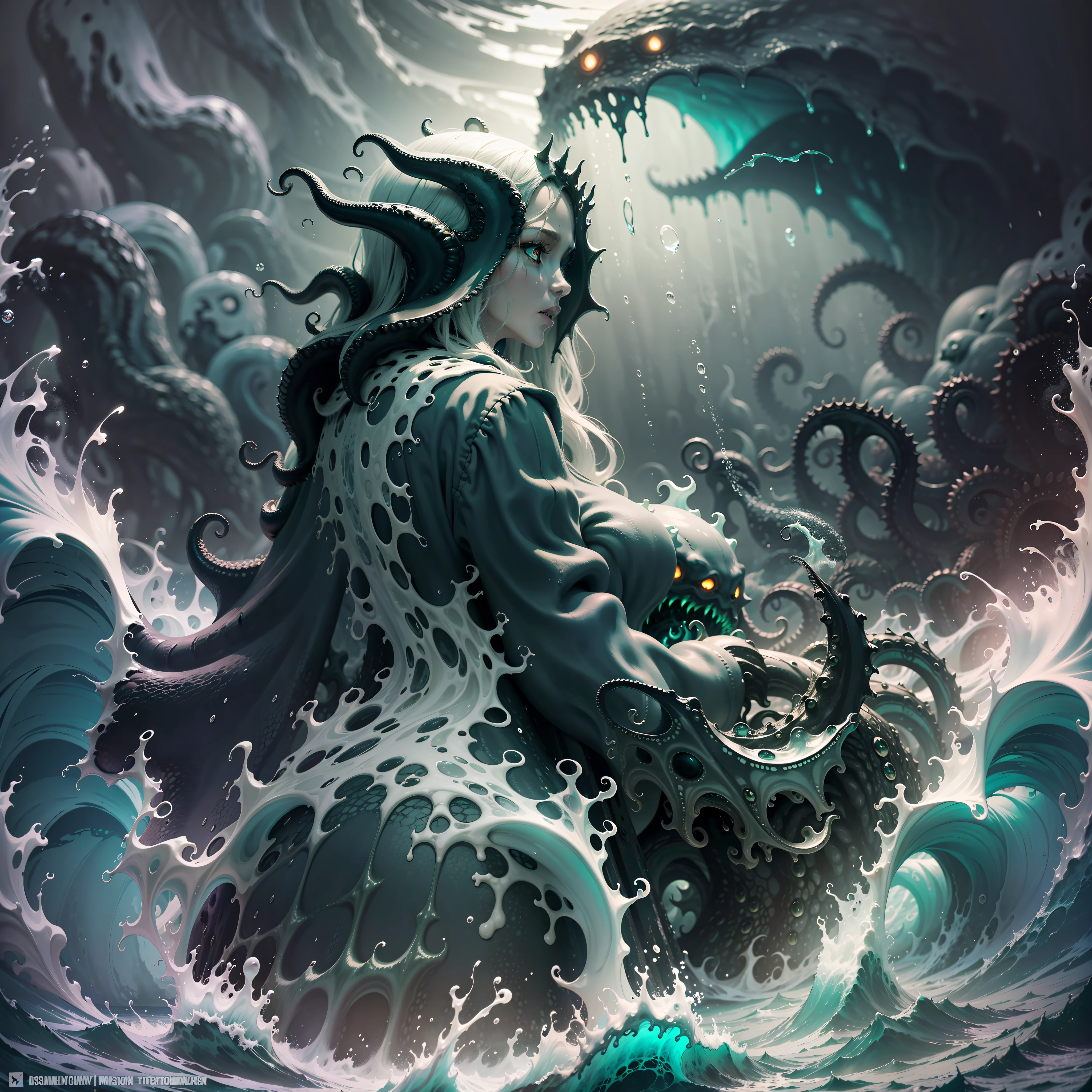 Dark, gloomy, cloudy, choppy ocean, Cthulhu monsters, dim, formless, disgusting, inhuman, smooth, gelatinous, fluid, huge, swarms, abominations, phosphorescent, indescribable, terrifying, indescribable, dim, damp, dark, endless, distorted, chaotic, decaying
