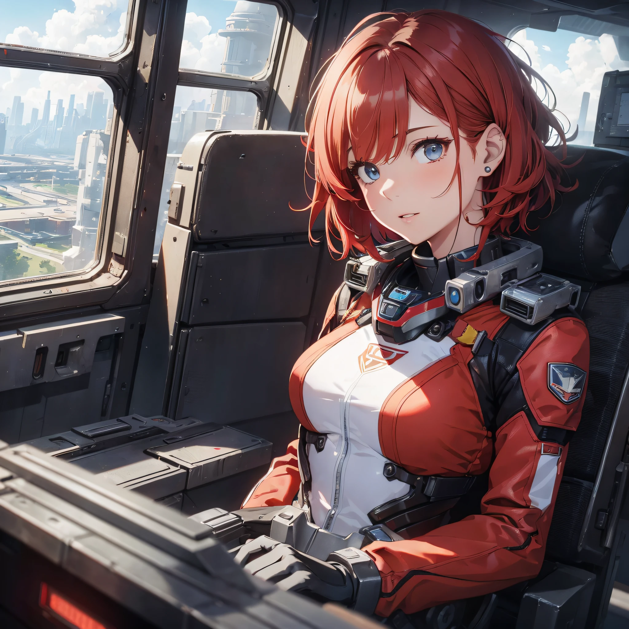 Absurd resolution, high resolution, (masterpiece: 1.4), hyper-detail, 1 young woman, short red hair, pilot suit, rich princess, sitting in an extremely narrow and closed mecha control room looking out the window, you can see the sky outside the window (1.5), expression excited, operation