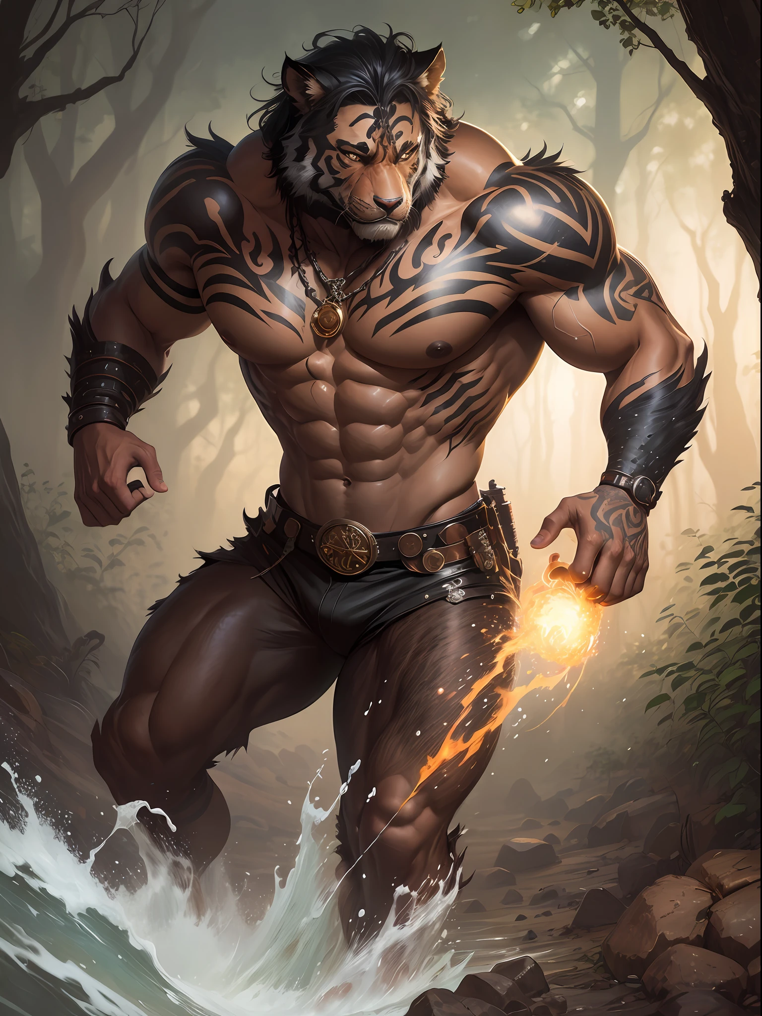 Man athletic physique, tattoos, tiger werewolf, dark skin, steampunk details, in the woods, art by Ralph Horsley, waves, digital art, style by Jean Baptiste Monge,
Bright, beautiful, explosion