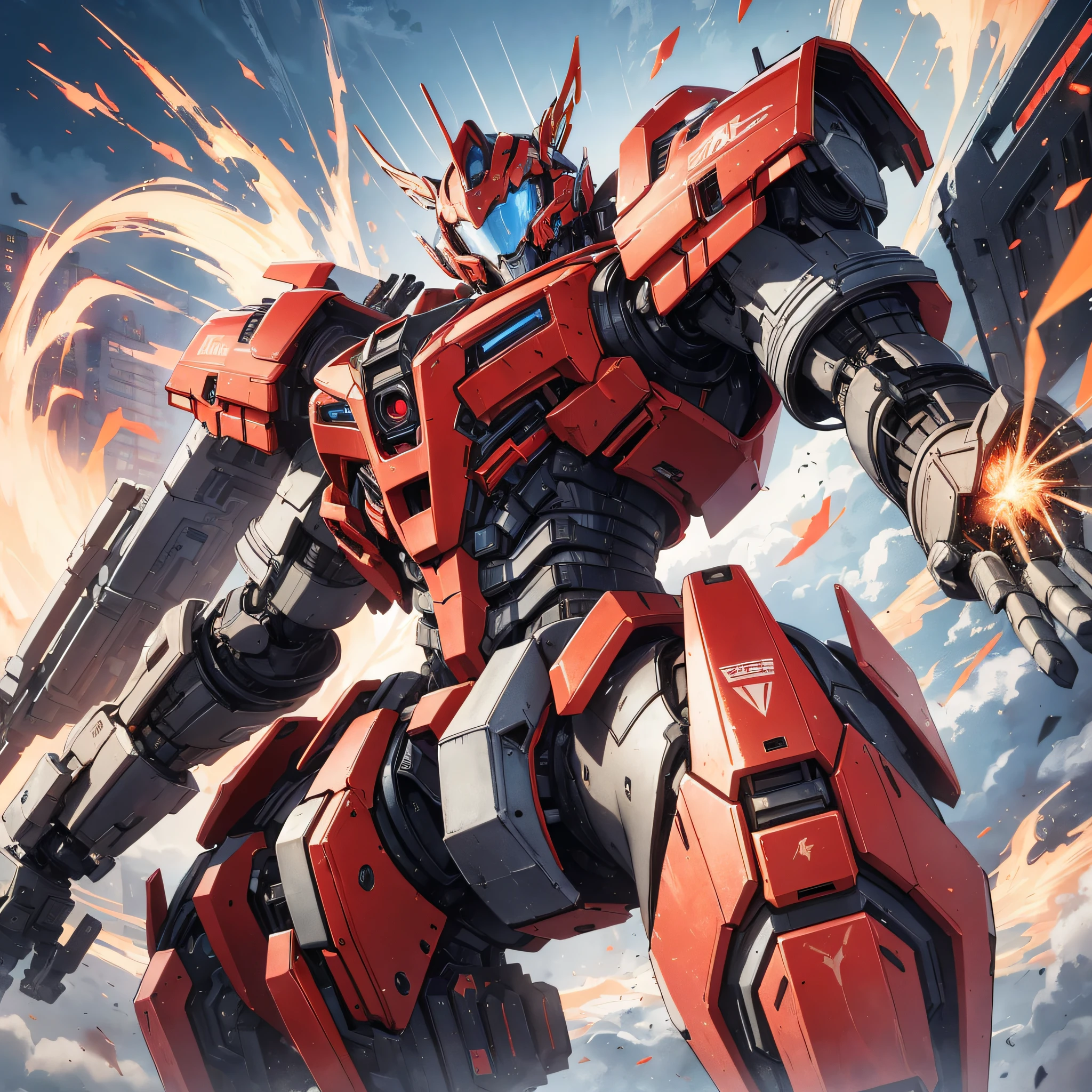 Absurd resolution, high resolution, (masterpiece: 1.4), hyper-detail, a mech, red armor with red wings, floating flight in the sky (1.8) The background is earth, fire
