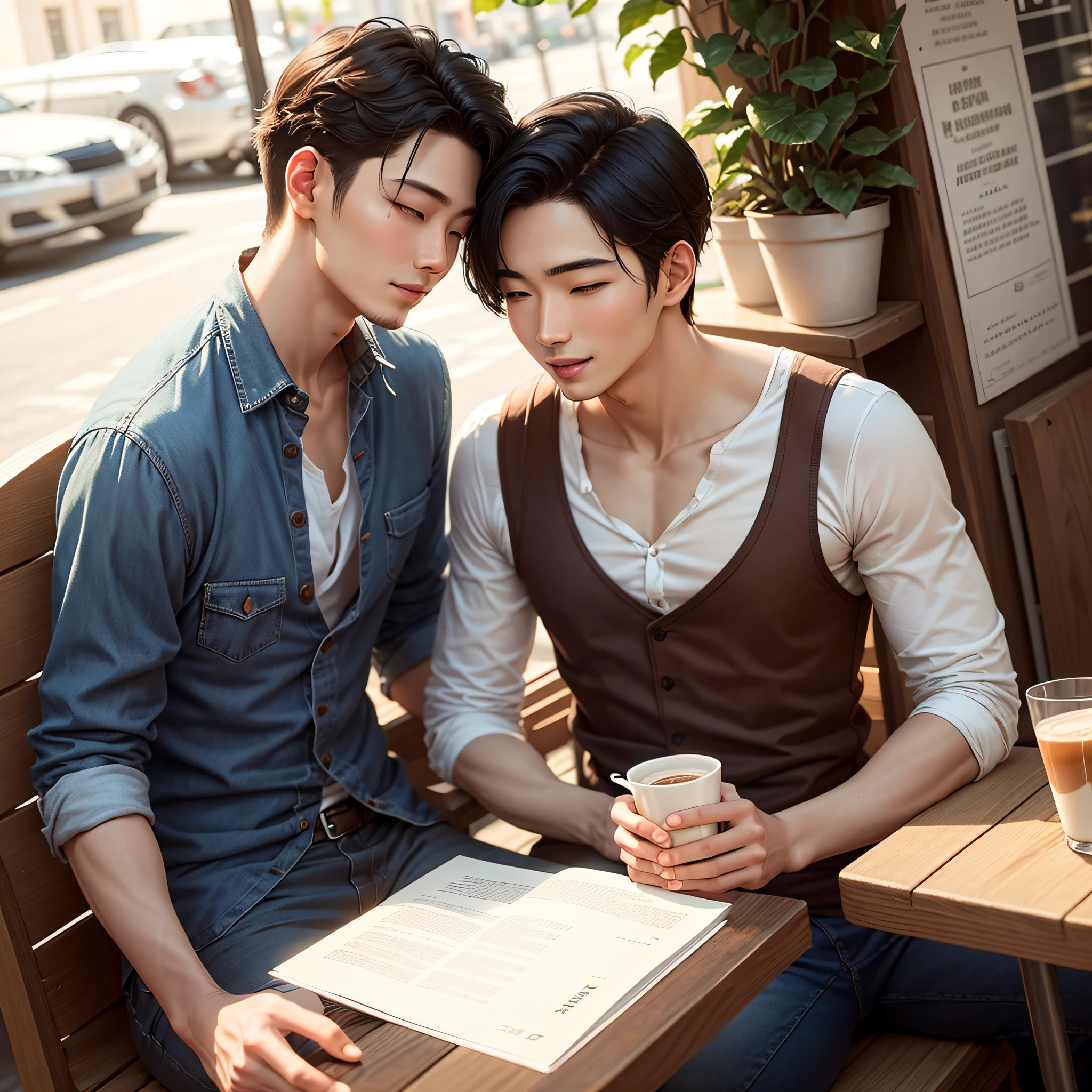 Romantic cover of two gay men of a Korean barista and a gorgeous Korean writer on a sunny and romantic day in a happy café!