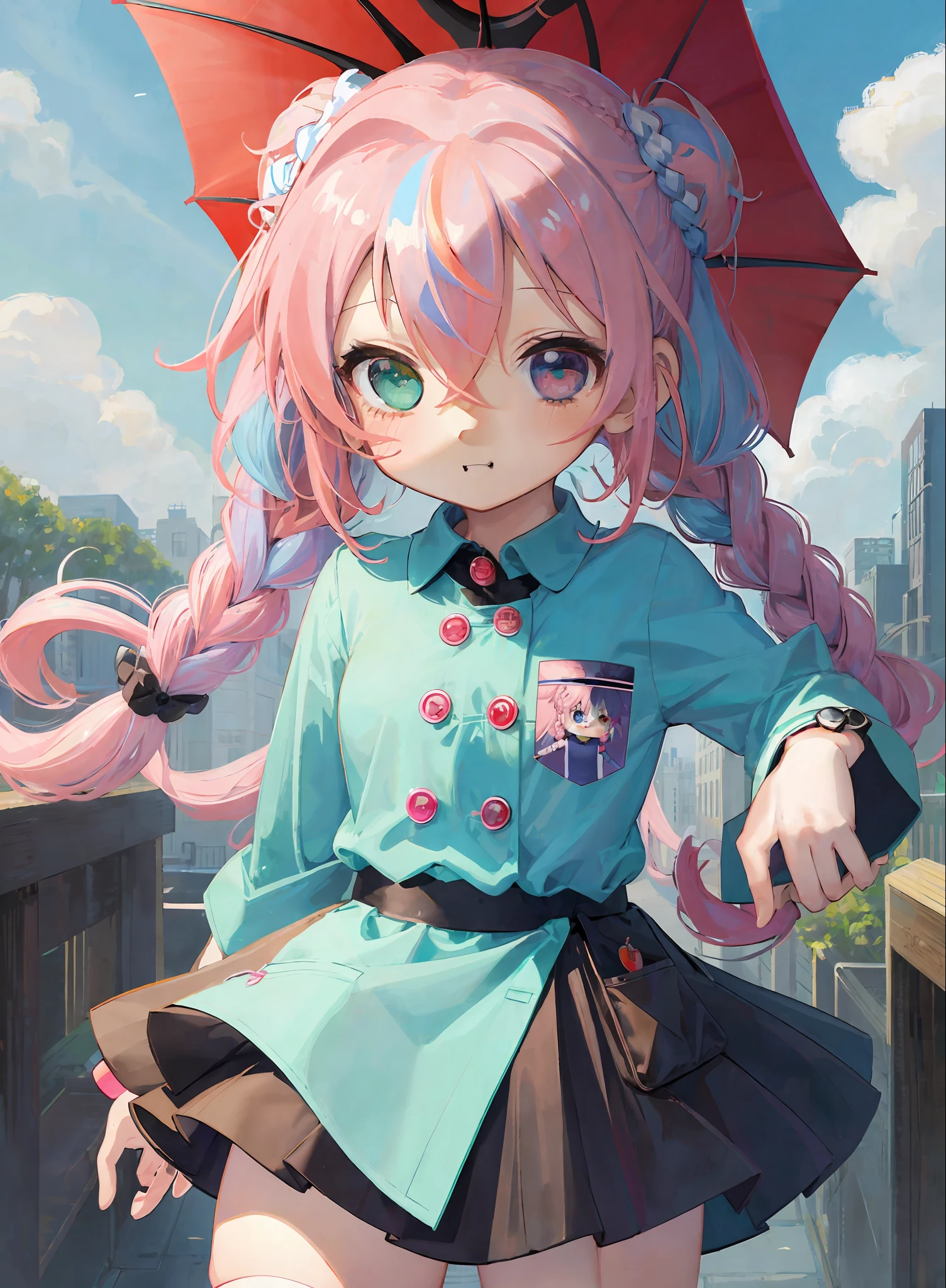 ((Masterpiece)), ((Best Quality)), ((Super Detail)), ((Cute)),((Illustration)),(Cute:1.5) ,(Chibi:1.8),((High Detail)),((Super Detail)),(Delicate Face)),Anime Screencap, Kyoto Animation Style, "Kyoto Animation" Style Anime Illustration, Best Quality, (Cute: 1.1), 8K, (High Resolution : 1.2), incredibly ridiculous: 1.3, incredibly fine illustrations, cute girl, (heterochromia, light blue eyes and light green eyes), standing figure, happiness, :d, masterpiece, best quality, absurdity, high resolution, official art, (cute: 1.8), (chibi character) (1.5)), solo, ((pale pink hair, braids on both sides, cute flower ribbon)) Thinning hair, beautiful girl, one (cute: 1.8), caregiver, ((red three-button polo shirt, breast pocket, black pants, red, apple watch on the right wrist, yellow raincoat, fashionable umbrella)), wet, looking at the viewer, front, princess eyes, standing