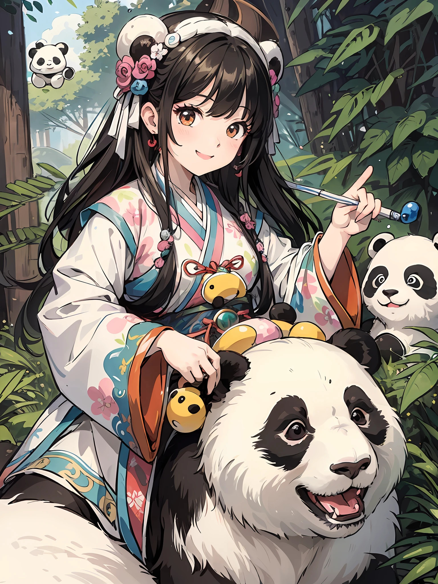 absurdres, highres, ultra detailed, (1girl:1.3), hand drawn, simple line,  girl in colorful Song Hanfu, beautiful girl, masterpiece, (riding a big panda), happy, smile