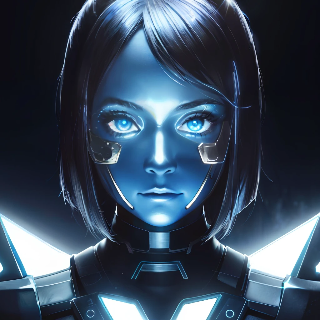 1woman, face close, metal mask, (blue lighting: 1.1), (neon lighting: 1.1), hdr, ultra detailed illustration, extremely detailed face, RAW photo, film grain, skin pores, trend in deviantart
