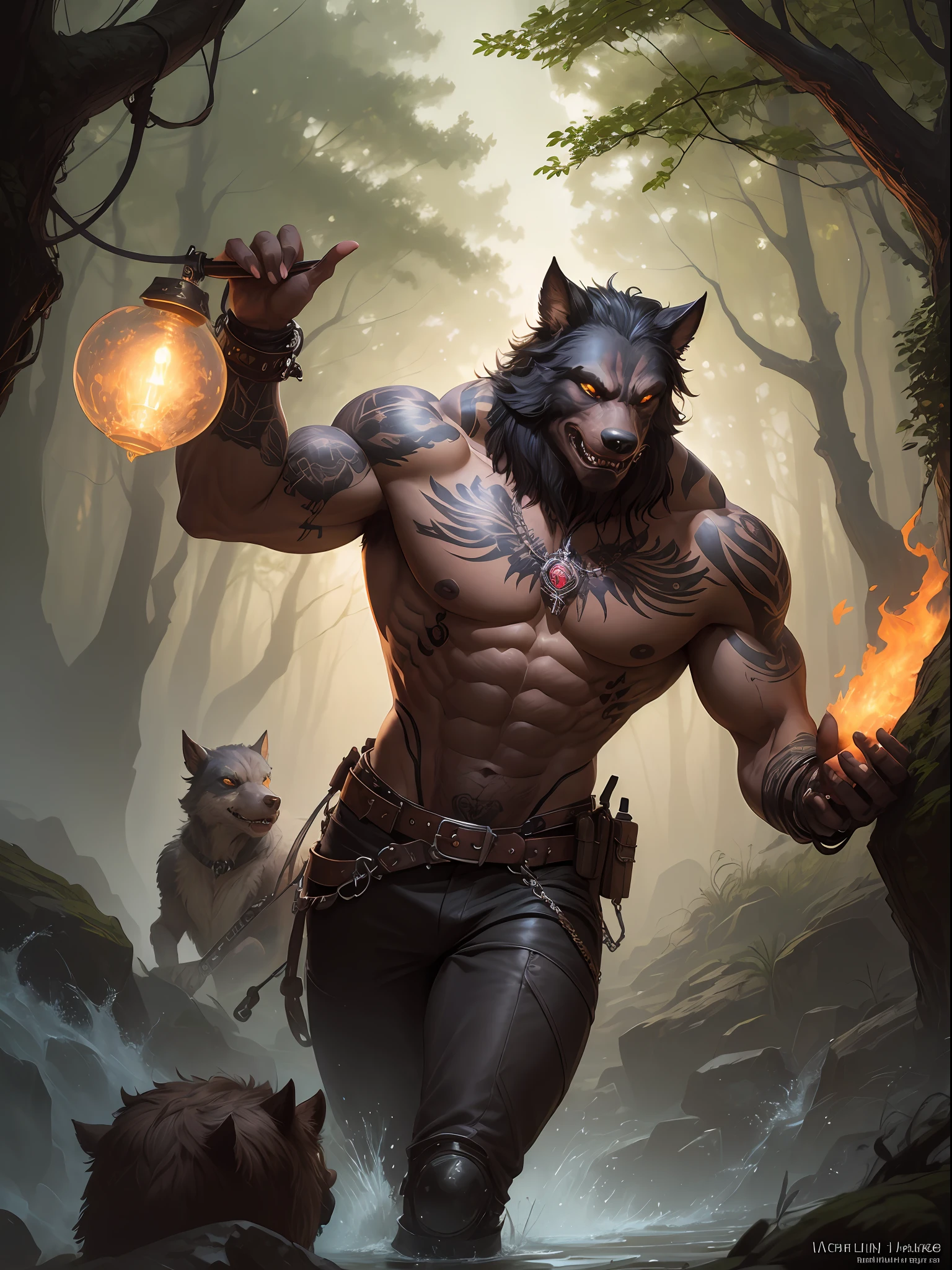 Man athletic physique, tattoos, boar werewolf, dark skin, steampunk details, in the woods, art by Ralph Horsley, waves, digital art, style by Jean Baptiste Monge,
Bright, beautiful, explosion