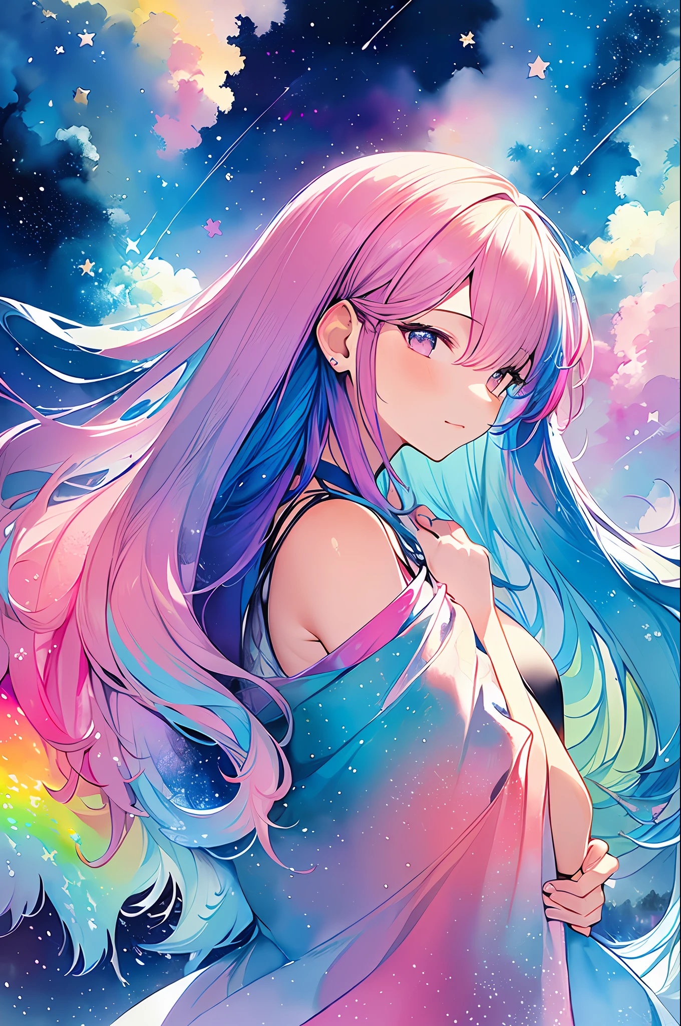 (masterpiece, top quality, best quality,watercolor (medium),official art, beautiful and aesthetic:1.2),(1girl:1.3), (fractal art:1.3),upper body, from side, looking at viewer,patterns,(rainbow color Hair,colorful hair,half blue and half pink hair:1.2),water,liquid, cloud,colorful, starry,stars,