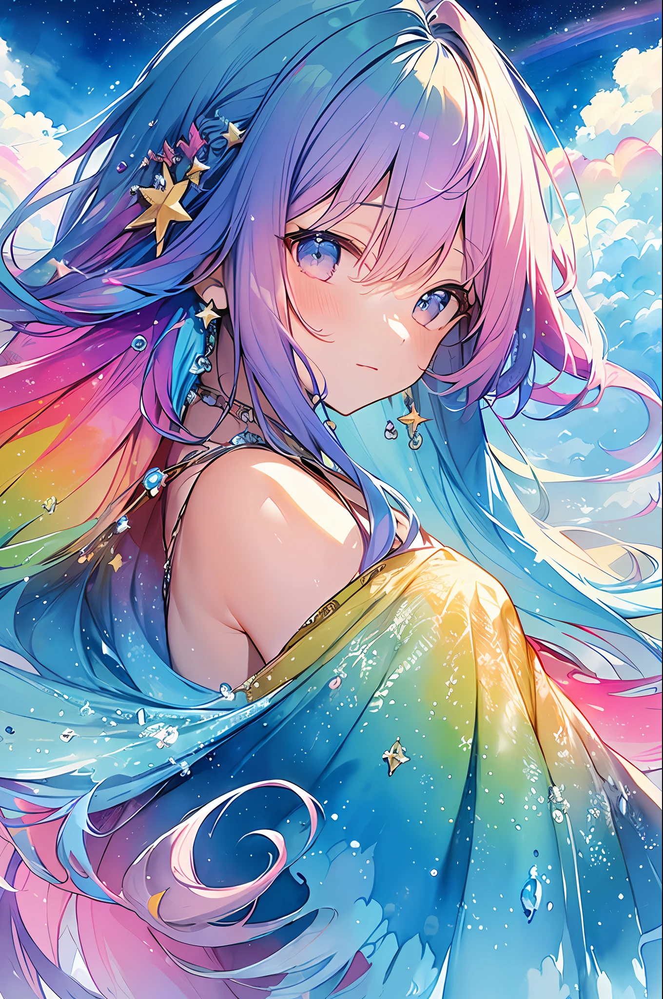 (masterpiece, top quality, best quality,watercolor (medium),official art, beautiful and aesthetic:1.2),(1girl:1.3), (fractal art:1.3),upper body, from side, looking at viewer,patterns,(rainbow color Hair,colorful hair,half blue and half pink hair:1.2),water,liquid, cloud,colorful, starry,stars,