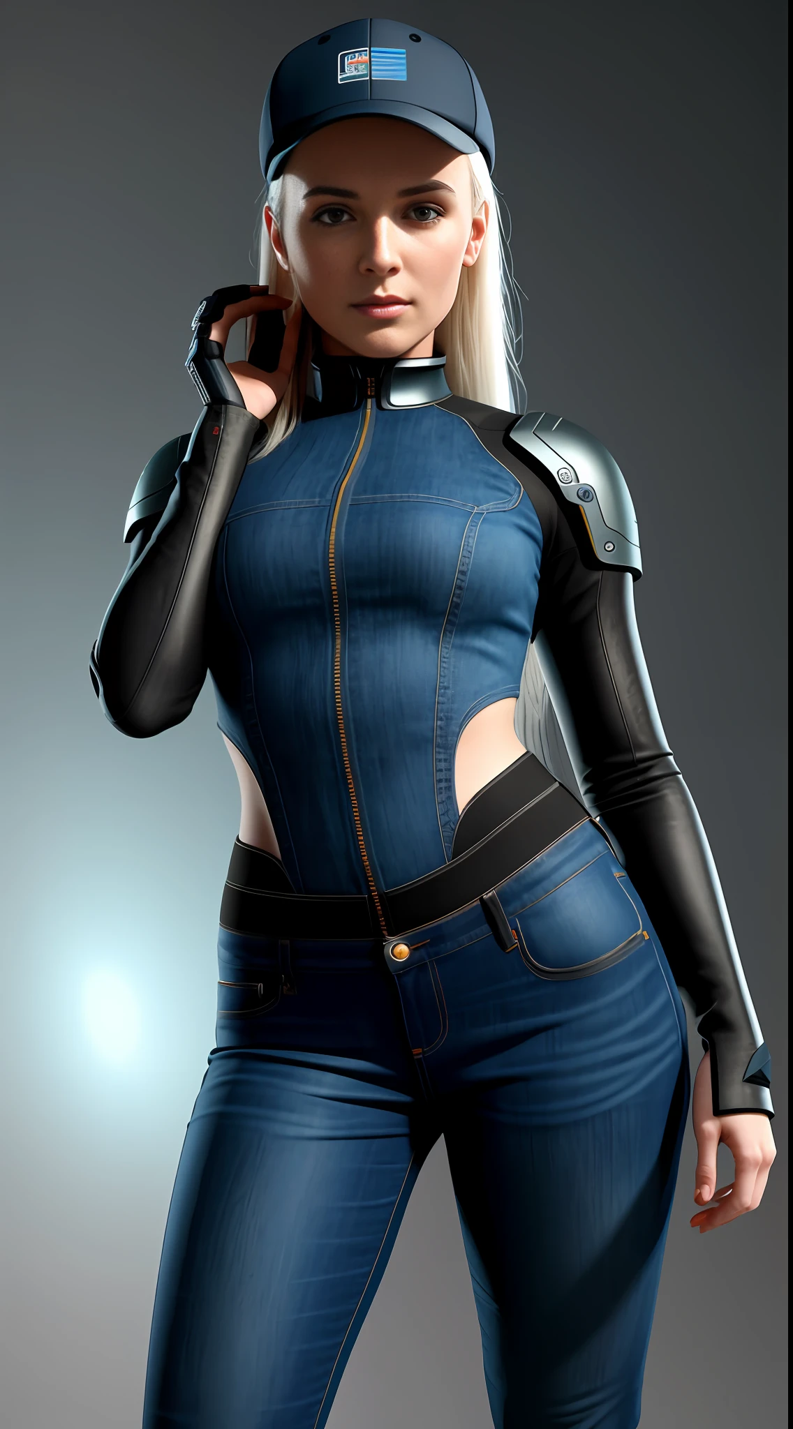 Best quality, realistic, award-winning illustration, (complicated detail: 1.2), (fine detail), (cinematic lights), sharp lines, sharp focus, official art, 8k, ultra detailed complex 3d rendering of a beautiful android face woman of technological profile, cyborg, robotic parts, wearing black and blue cap, splash graphite background, (holding a can of energetic: 1.3), anatomical, facial muscles, electrical cables, microchip, wearing jeans, octane rendering, H. R. Giger style, extremely detailed CGI, studio photography, white background.