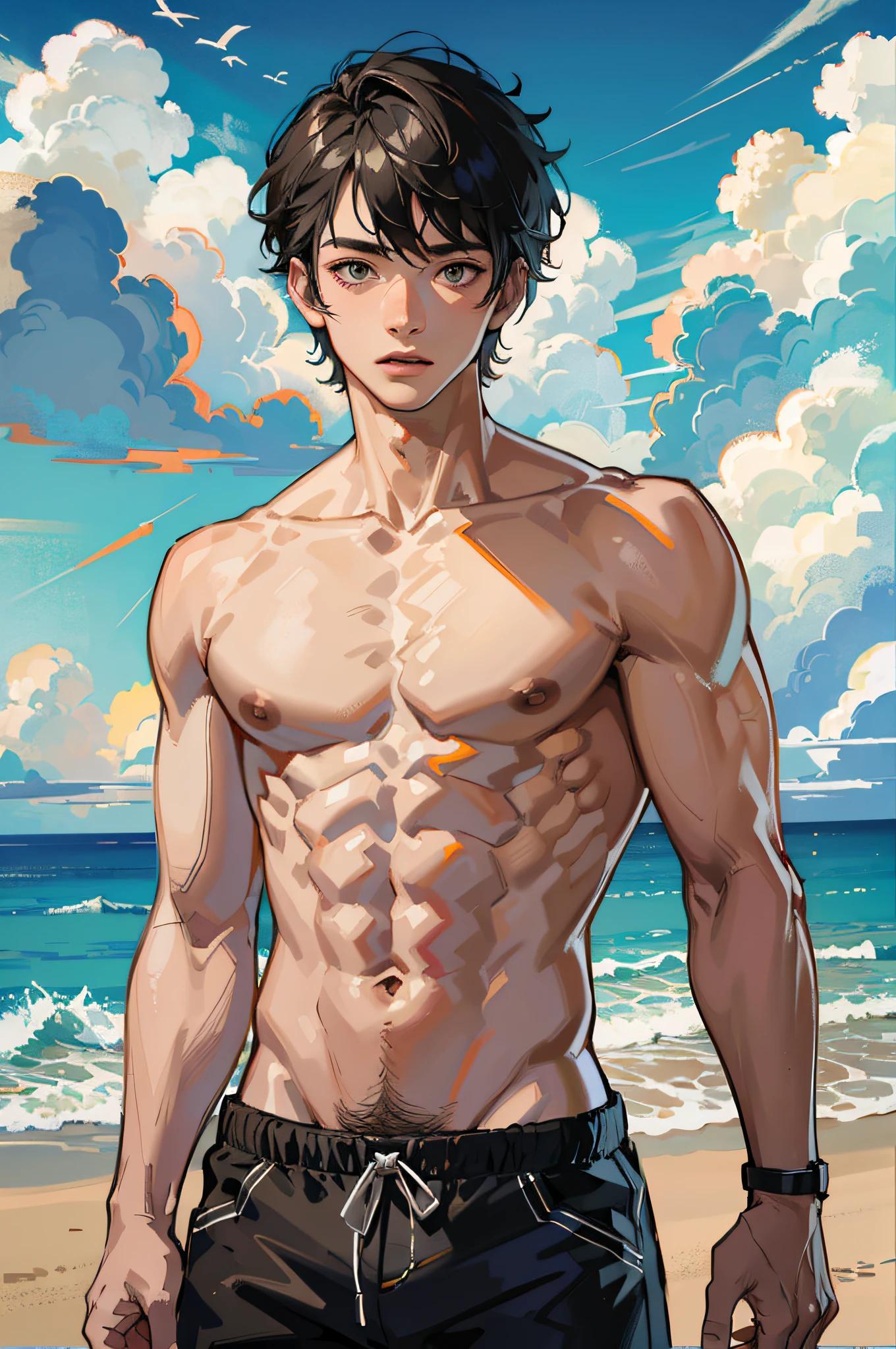 (absurdres, highres, ultra detailed), masterpiece, best quality, a boy topless, short hair, finely eye and detailed face, muscular, beach, casual clothes, sunny sky and cloud,