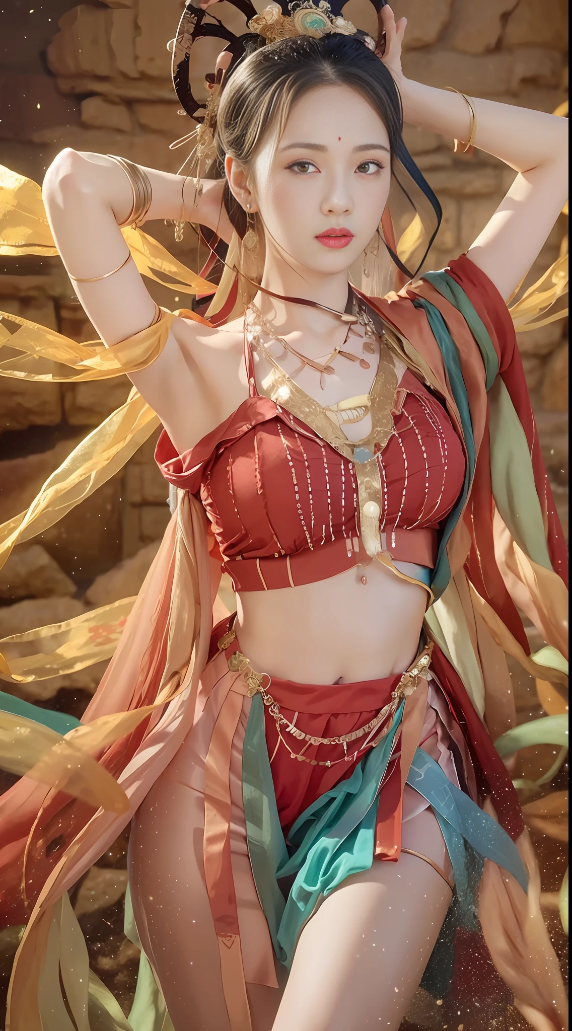 (8k, RAW photo, best quality, masterpiece:1.2), (realistic, photo-realistic:1.4), (extremely detailed CG unity 8k wallpaper), (1 girl:1.5), Western beauty, (Red clothes: 1.4), red spots on forehead, pale skin, blush, big eyes, full body, thighs, open navel, gold waist chain, gold jewelry, flying ribbons, particles, background is Loulan ancient city, ancient city wall, desert, dance, dunhuang_dress, dunhuang_style,