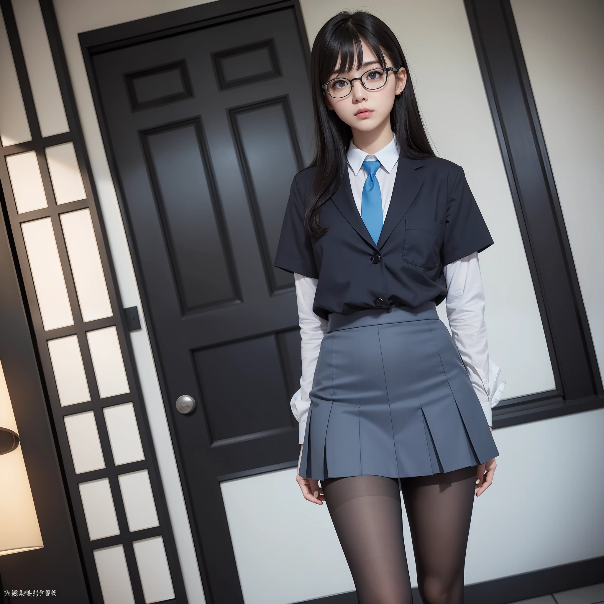 Raw photo, Candid, Narrow eyes, black pantyhose, textured skin, 1 girl, solo, full body, blue tie, (medium hair: 1.2), pale skin, Japan person, glasses, small, young, tall, dark expression, bright black eyes, anger, school uniform, blue and light blue checked skirt, slender body, medium build, small waist, wide thighs, photorealistic, best quality, 8k, masterpiece