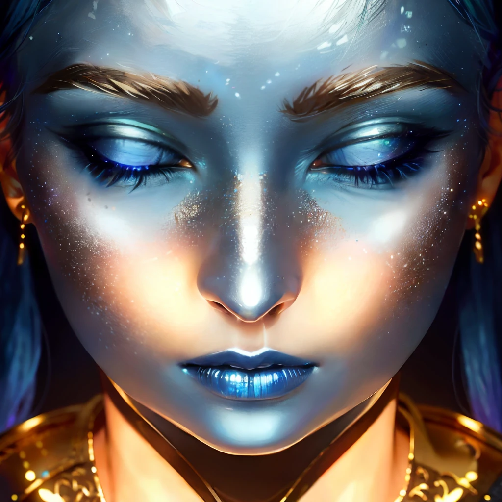 1woman, face close, metallic mask, (blue lighting: 1.1), (neon lighting: 1.1), hdr, ultra detailed illustration, extremely detailed face, RAW photo, film grain, skin pores, trend in deviantart