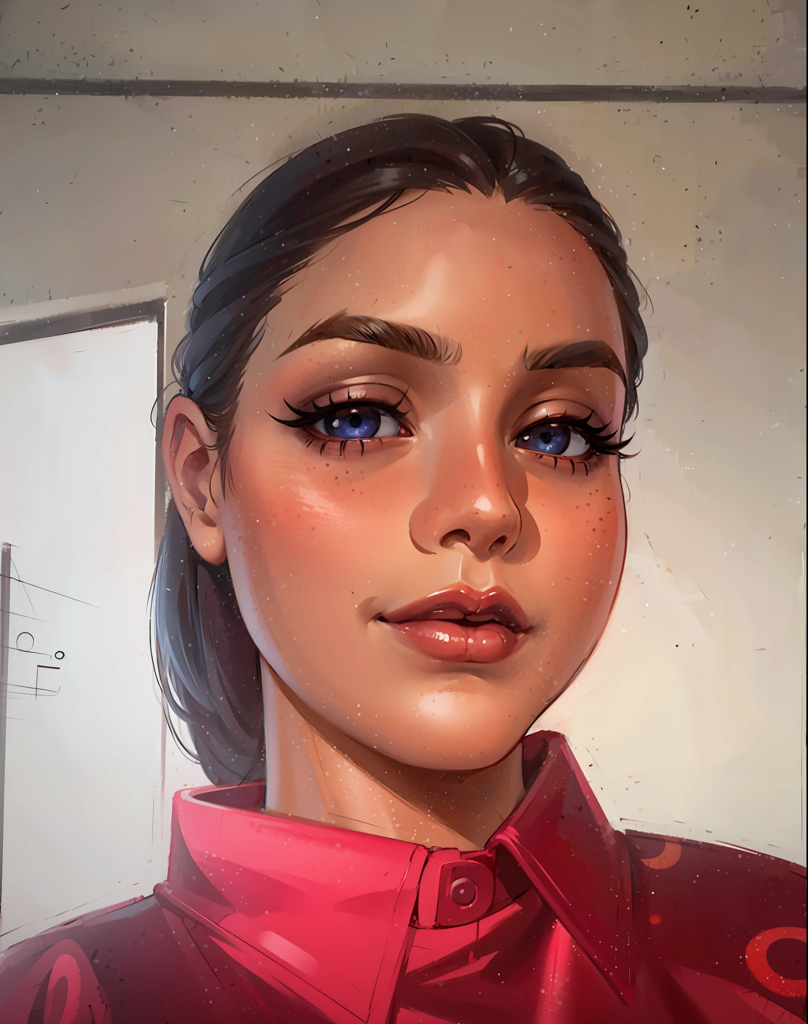 (masterpiece),(best quality:1.0), (ultra highres:1.0), detailed illustration, 8k, anime, 1girl, beautiful anime girl, wearing a red shirt, pretty face, detailed face, beautiful eyes, detailed eyes, dark eyes, pretty makeup, subtle smile, lips closed, bright red lips, red lipstick, beautiful stylish hair, highlights in hair, best quality, vibrant
