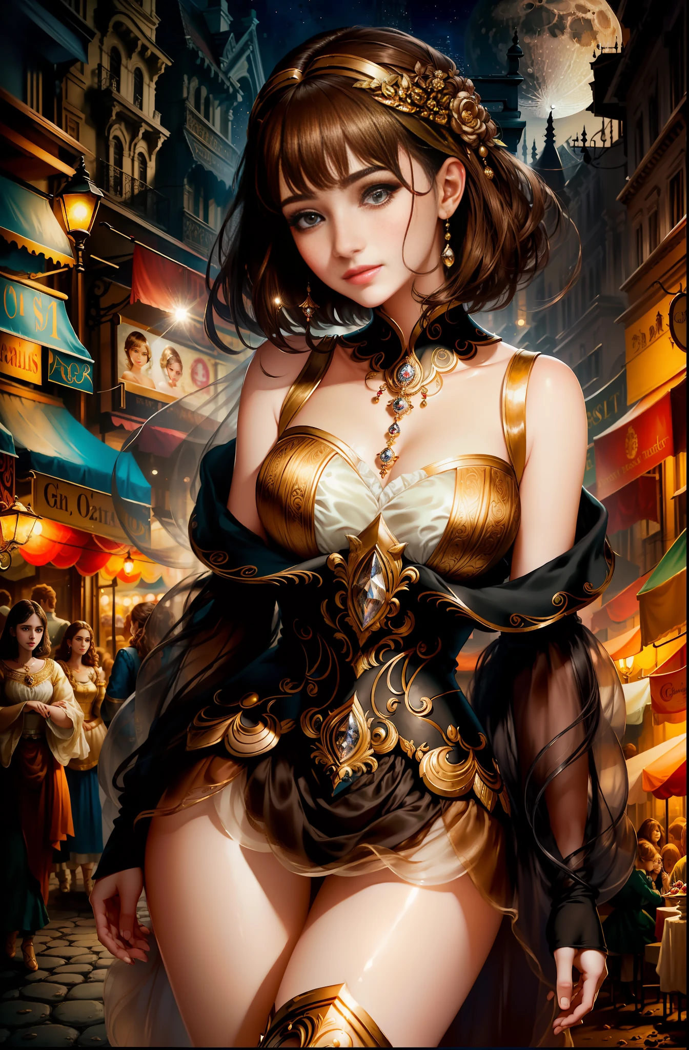best quality, masterpiece, ultra resolution, (unreal engine: 1.4, realistic: 1.4), original photo, masterpiece, best quality, super detail, Illustrations, (bust shot, street, moon light), masterpiece, 1girl, solo exhibition, beautiful woman on bustling street, surrounded by vendors, beautiful goddess girl portrait, beautiful and detailed face, porcelain skin, ((bust lens, center, night, brunette hair, short hair)), super soft lighting, symmetry, complexity, elegance, high detail, realism , art, concept art, smile, fantasy costume, super fine costume,