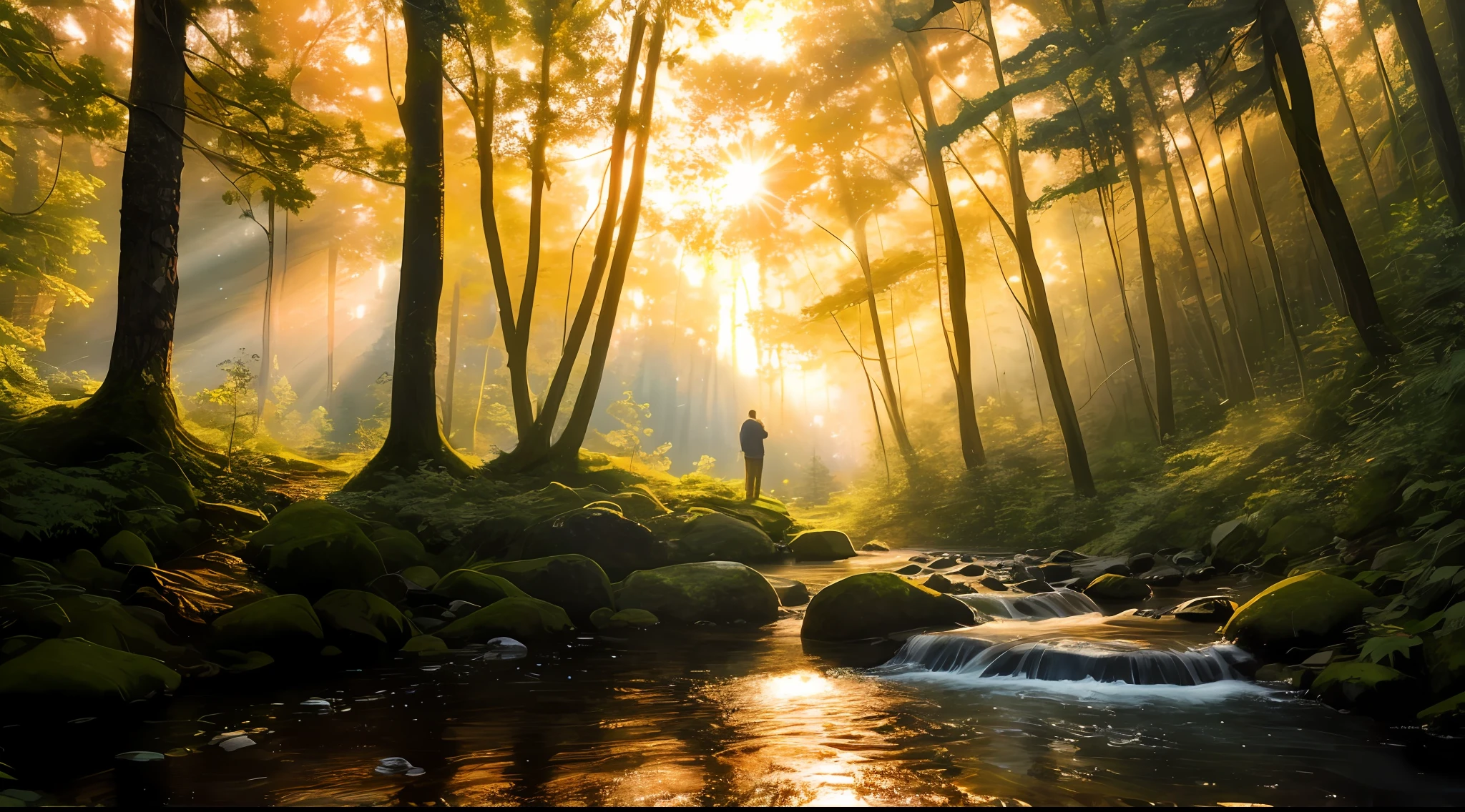 It is a beautiful sunset, in the middle of the forest, in the distance there is a man hunting, light falls through the gap in the woods, and a small stream flows, fish leap out of the water, clear picture, best quality, realistic texture, high resolution, detailed background depiction, beautiful atmosphere, Bauhaus art, mystery, beauty.