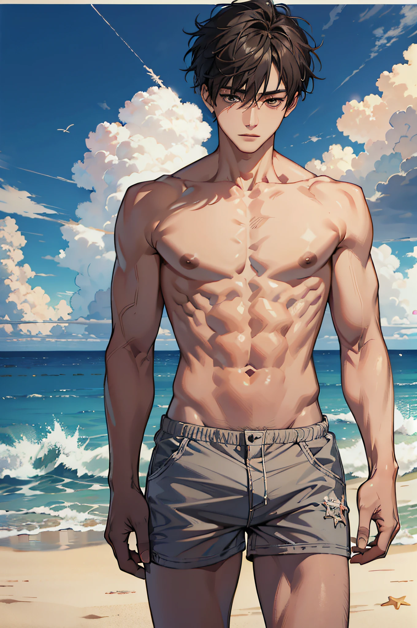 (absurdres, highres, ultra detailed), masterpiece, best quality, a boy topless, short hair, finely eye and detailed face, muscular, beach, casual clothes, sunny sky and cloud,