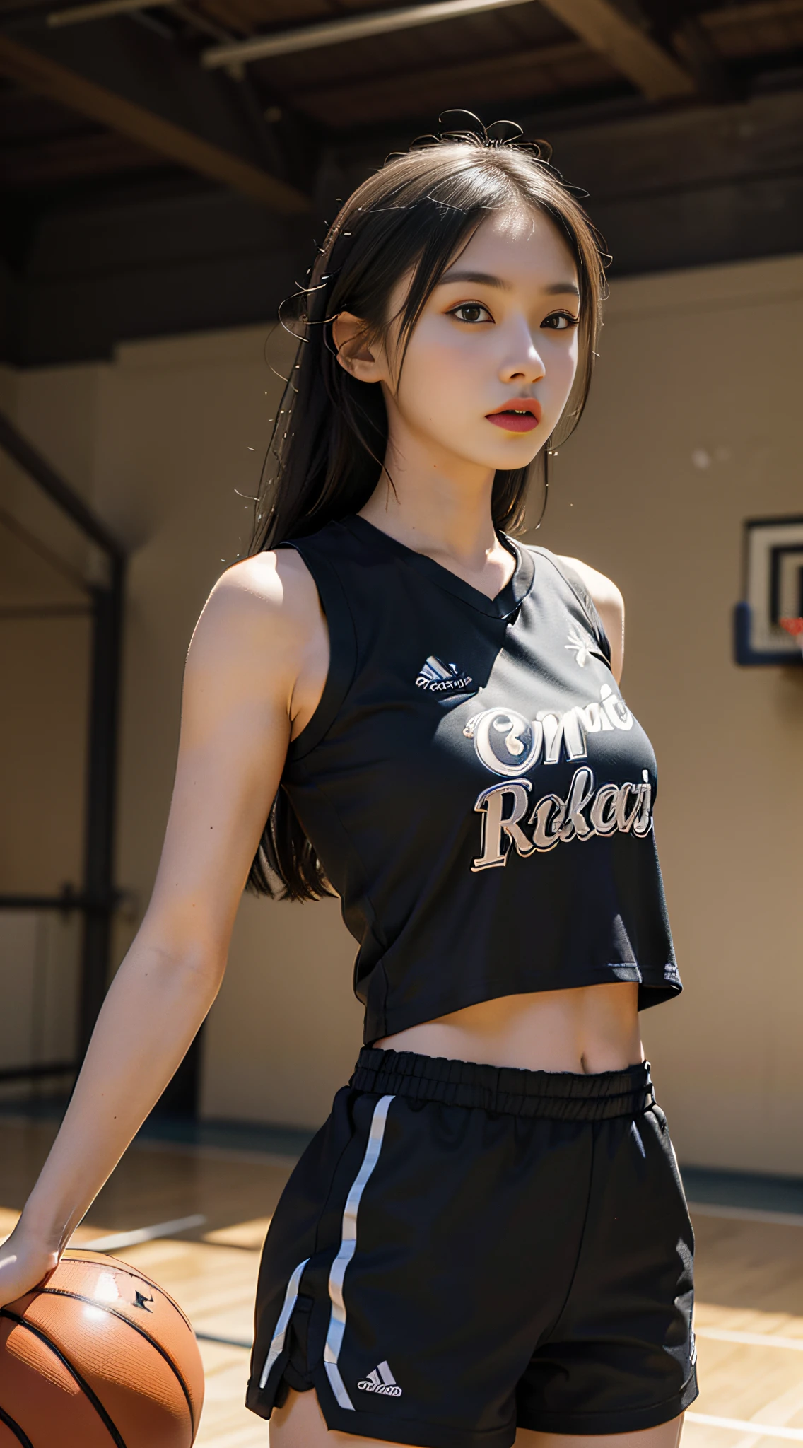 Best quality, (RAW photo: 1.2), (Masterpiece: 1.4), (Realistic: 1.4), (High resolution: 1.4), 1 girl, depth of field, basketball vest, basketball shorts, basketball court, sexy, intricate details, 8k, very detailed, perfect lighting, epic background, hand details