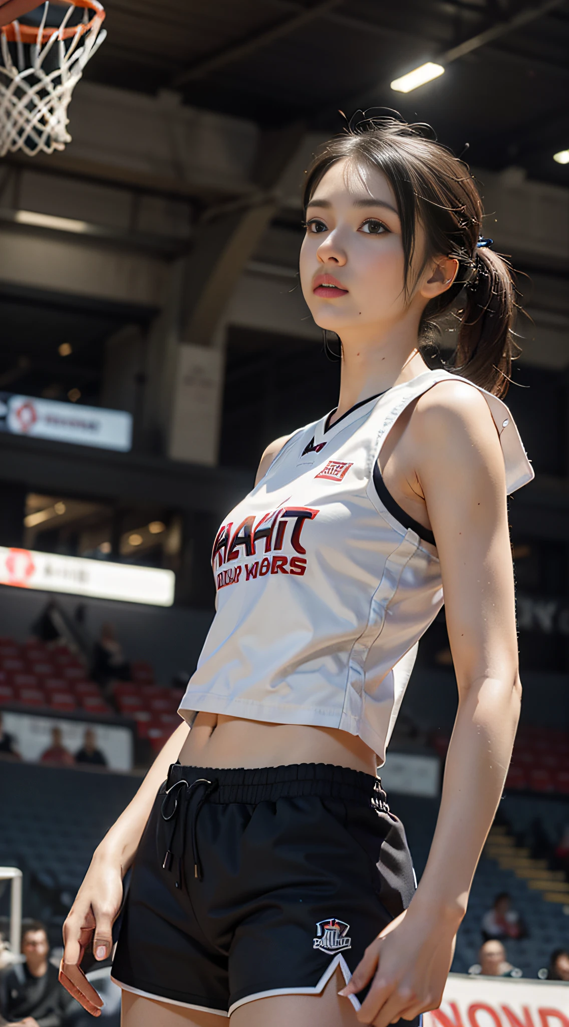 Best quality, (RAW photo: 1.2), (Masterpiece: 1.4), (Realistic: 1.4), (High resolution: 1.4), 1 girl, depth of field, basketball vest, basketball shorts, basketball court, sexy, intricate details, 8k, very detailed, perfect lighting, epic background, hand details