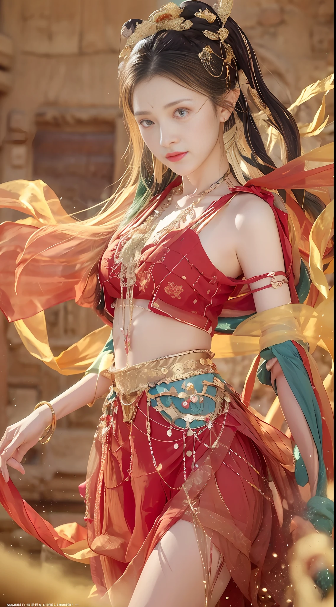 (8k, RAW photo, best quality, masterpiece:1.2), (realistic, photo-realistic:1.4), (extremely detailed CG unity 8k wallpaper), (1 girl:1.5), Western beauty, (Red clothes: 1.4), red spots on forehead, pale skin, blush, big eyes, full body, thighs, open navel, gold waist chain, gold jewelry, flying ribbons, particles, background is Loulan ancient city, ancient city wall, desert, dance, dunhuang_dress, dunhuang_style,