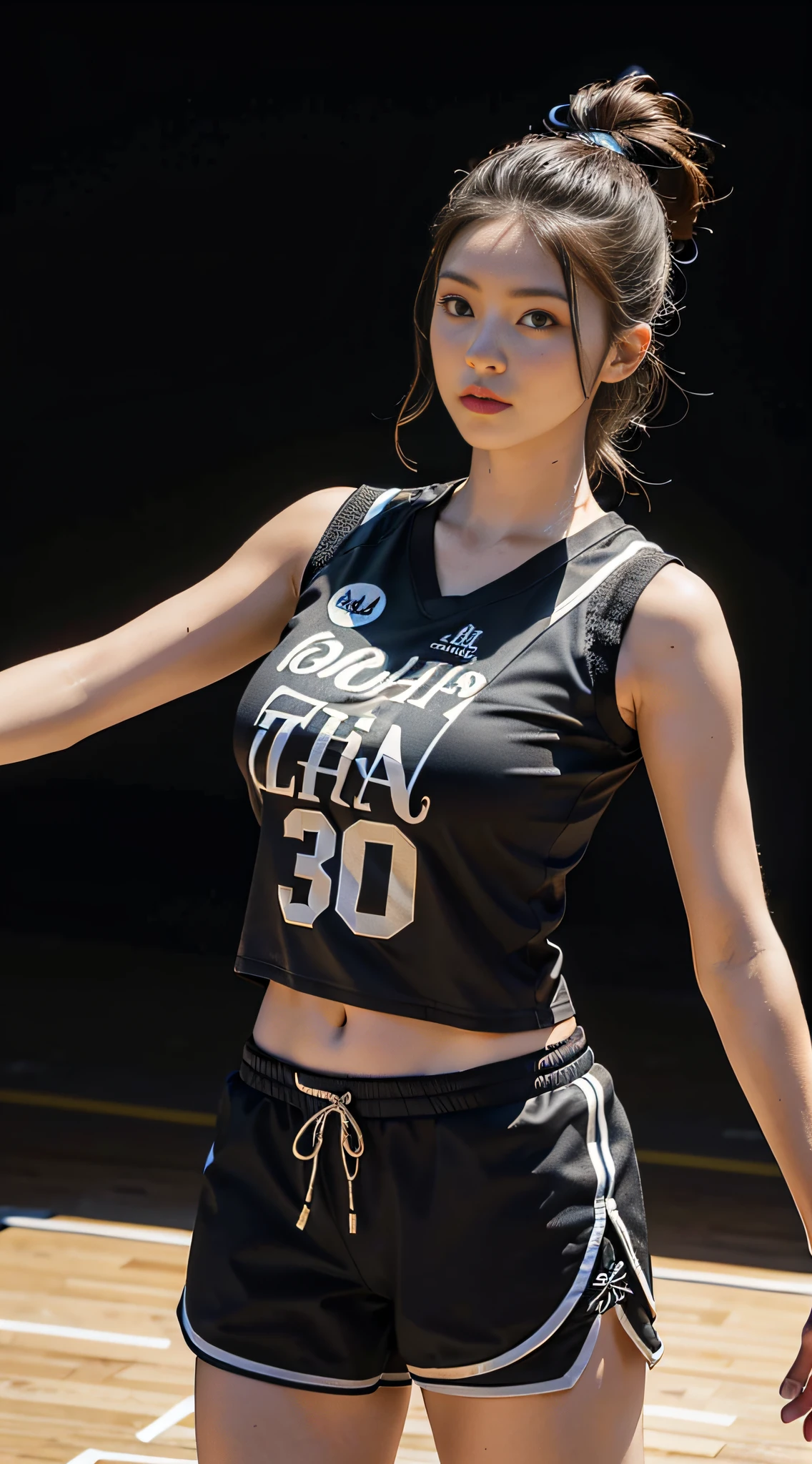 Best quality, (RAW photo: 1.2), (Masterpiece: 1.4), (Realistic: 1.4), (High resolution: 1.4), 1 girl, depth of field, basketball vest, basketball shorts, basketball court, sexy, intricate details, 8k, very detailed, perfect lighting, epic background, hand details