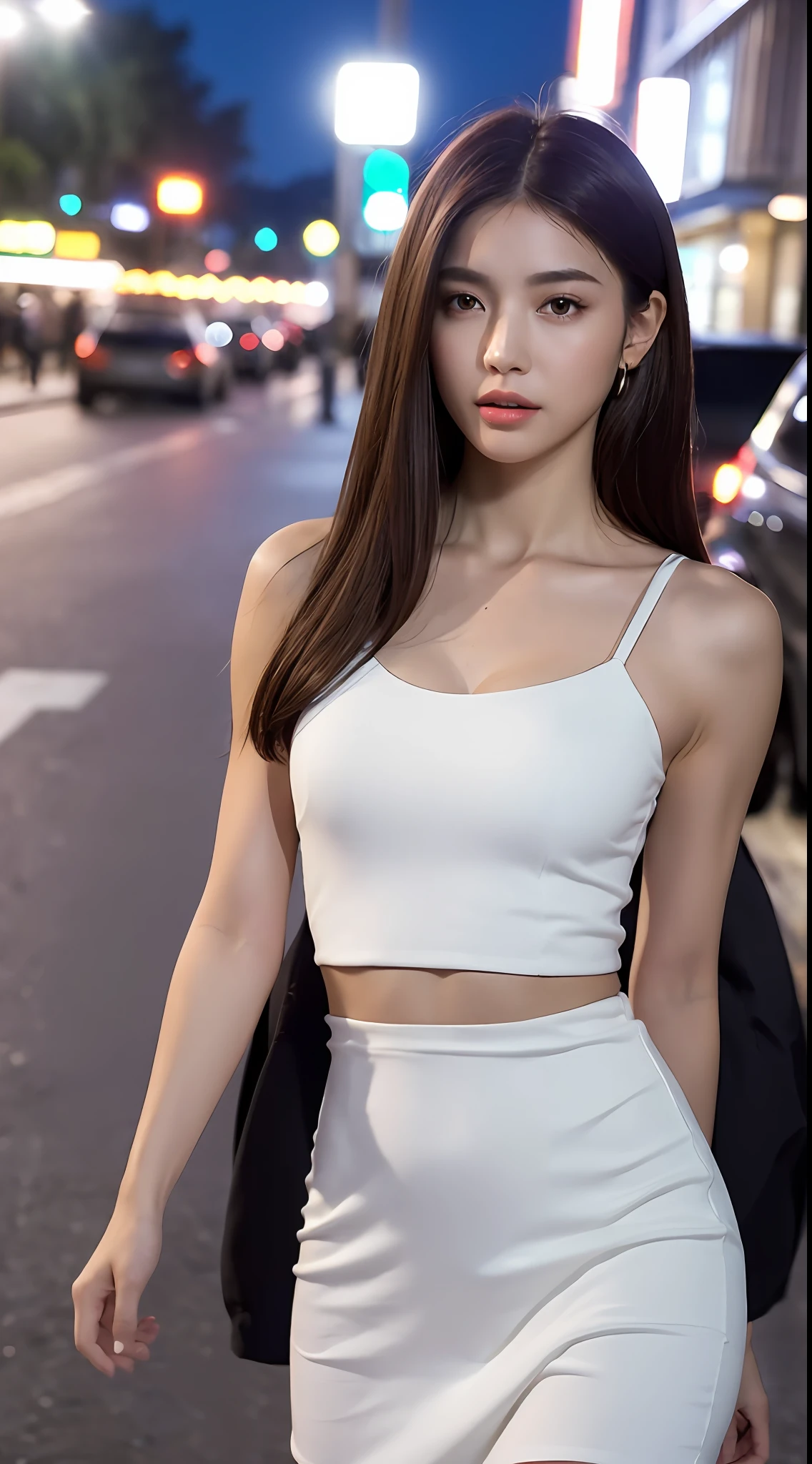 ((Realistic lighting, Best quality, 8K, Masterpiece: 1.3)), Focus: 1.2, 1girl, Perfect Figure: 1.4, Slim Abs: 1.1, ((Dark brown hair)), (White dress: 1.4), (Outdoor, Night: 1.1), City streets, Super fine face, Fine eyes, Double eyelids,