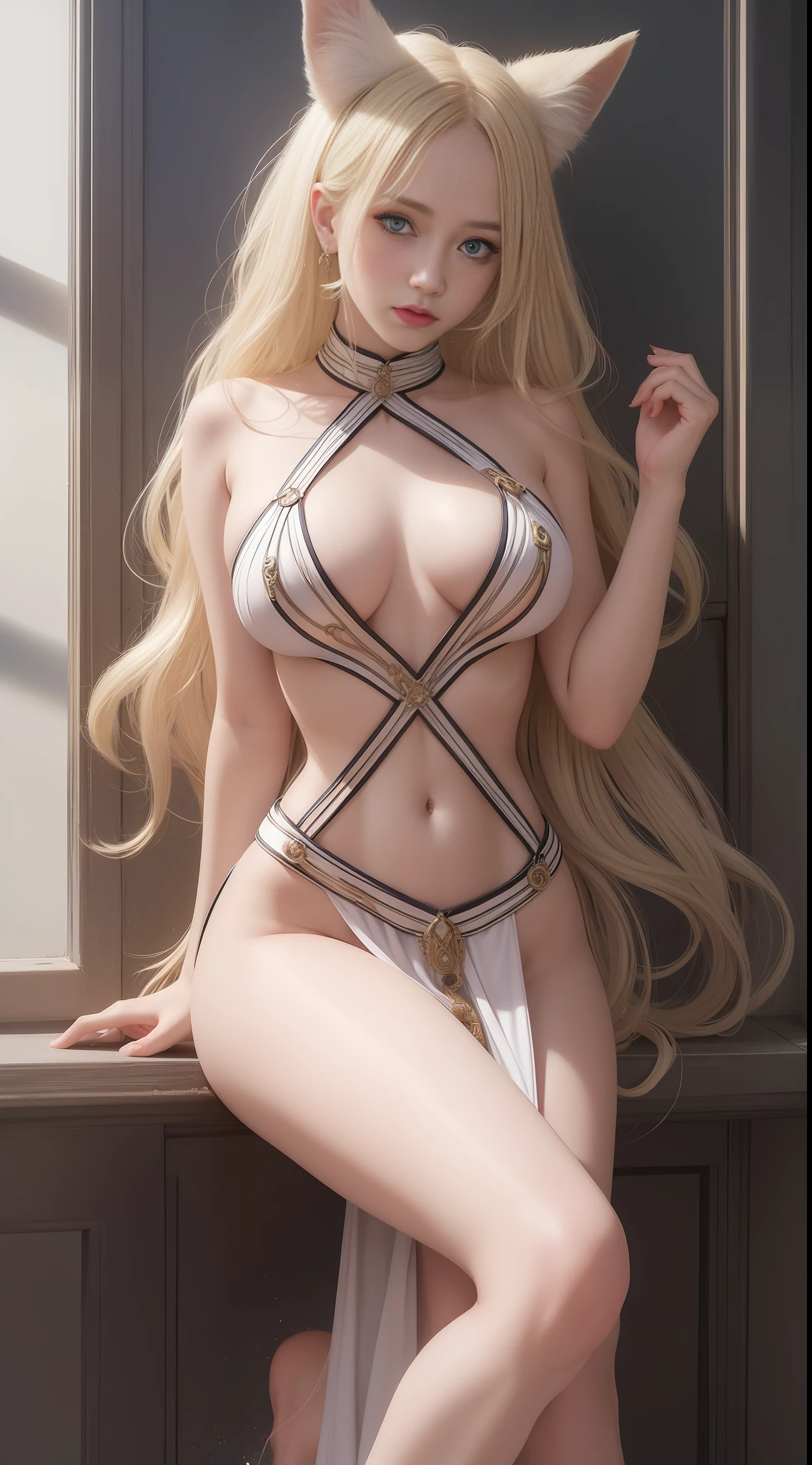 master painting, 8K quality, master painting, 8K picture quality, busty, pink mole on chest, belt, (( ( ( natural light)))) rainbow color BREAK factory super long shot, , woman, blonde curly hair, blue eyes, white fox ears, black tight dress, (( delicate makeup))) ( bare chest ))) ( bare waist)) ( show the navel))) ) ( bare feet) (looming )))