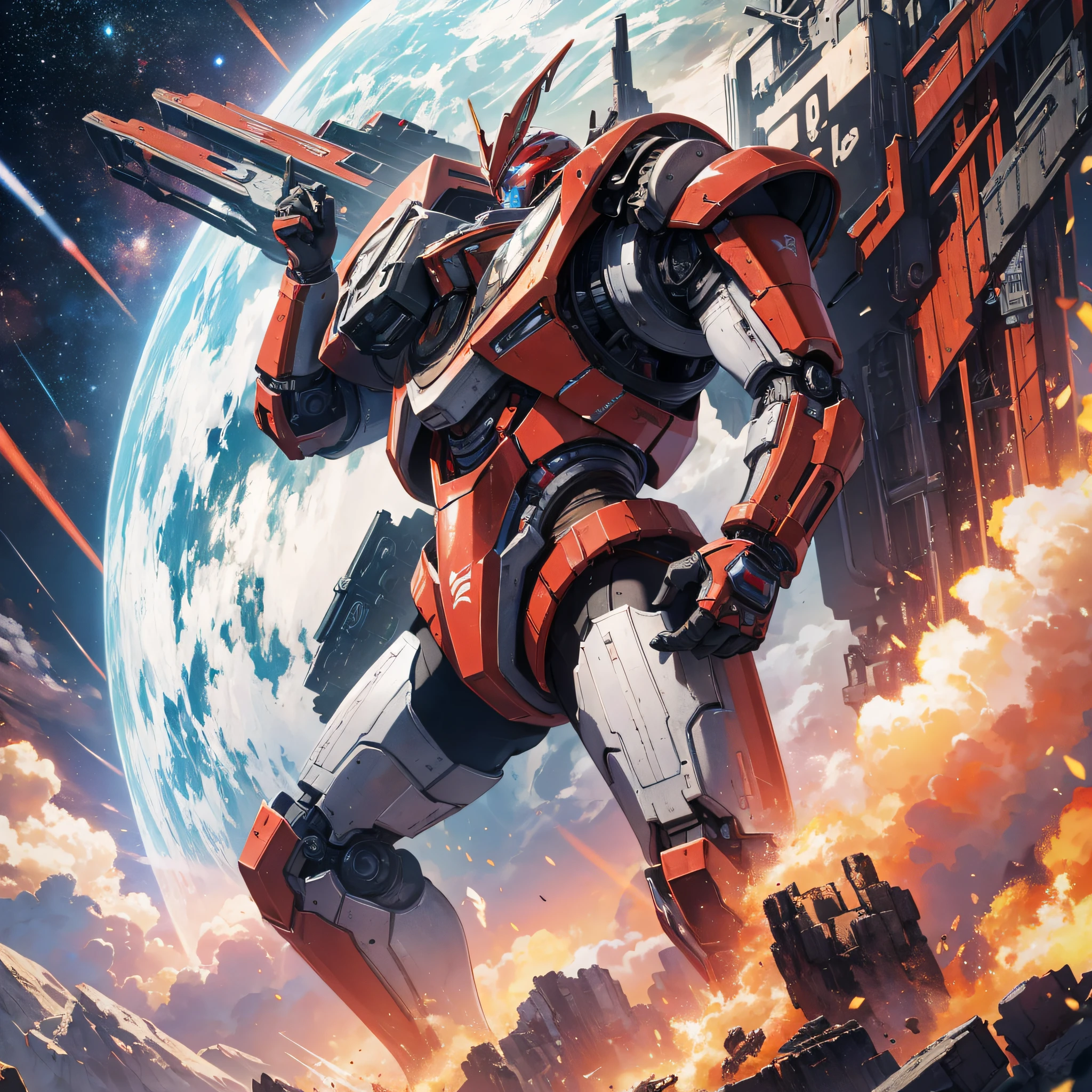 Absurd resolution, high resolution, (masterpiece: 1.4), hyper-detail, a mech, red armor with red wings, floating in space (1.8) The background is the universe