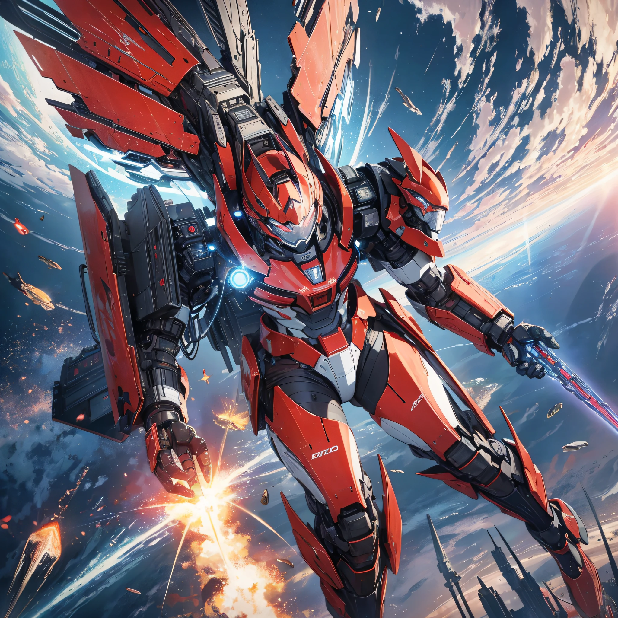 Absurd resolution, high resolution, (masterpiece: 1.4), hyper-detail, a mech, red armor red wings, floating flight in space (1.8) The background is cosmos, fire