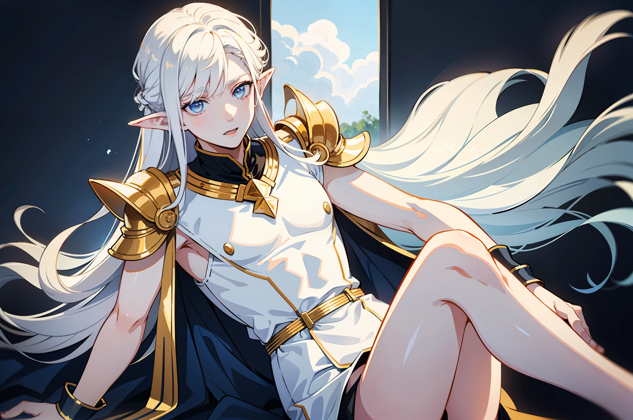 1 boy,  young man, tall, long straight white hair, pale skin, completely white eyes, ears like elves, glowing white tattoos all over, royal white and gold clothes, sitting on a cloud, looking at the earth on his shoulders, sky in the background, detailed face, detailed hands, detailed legs, detailed fingers, detailed hair, detailed eyes, detailed skin, dynamic lighting, 8K UHD, (super realistic), (photo realistic), (masterpiece), (best quality), (male focus: 1.5) (NSFW: 1.0), correct limbs, femboy, thighs