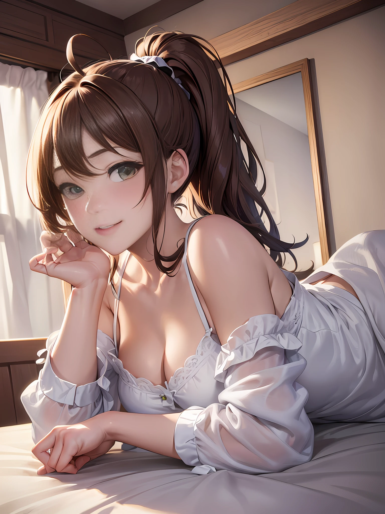 Masterpiece, Best Quality, Official Art, (Highly Detailed CG Unity 8k wallpaper), Detailed background, (Hands by Guido Daniele: 1.1), Feet out of frame, First Person View, 1, Beautiful woman who is attractive and perfect, Lying face down on the bed, Turning away, (Curvaceous), (((Sleepy: 1.14))), (Sticking out your butt)))), (Pajamas, sleepwear, underwear, white thighs: 1.12 (Brown Long Hair: 1.12), (Ahoge: 1.13), (High Ponytail: 1.12), (Green Eyes: 1.13), Look at the Beholder, Big, (cleavage), Beautiful Face, (Blush: 1.11), (Smile: 1.11)