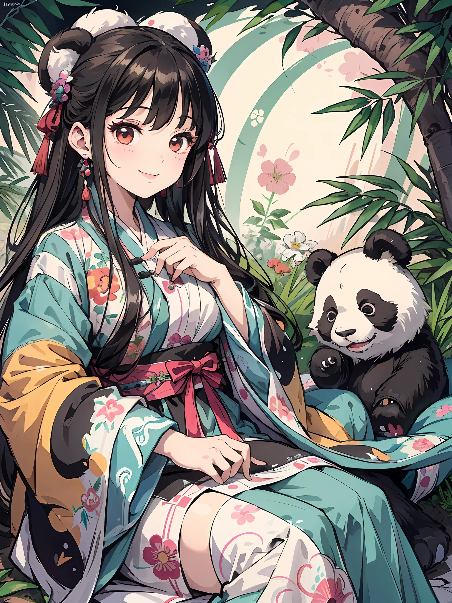 absurdres, highres, ultra detailed, (1girl:1.3), hand drawn, simple line, girl in colorful Song Hanfu, beautiful girl, masterpiece, (with a big panda), happy, smile