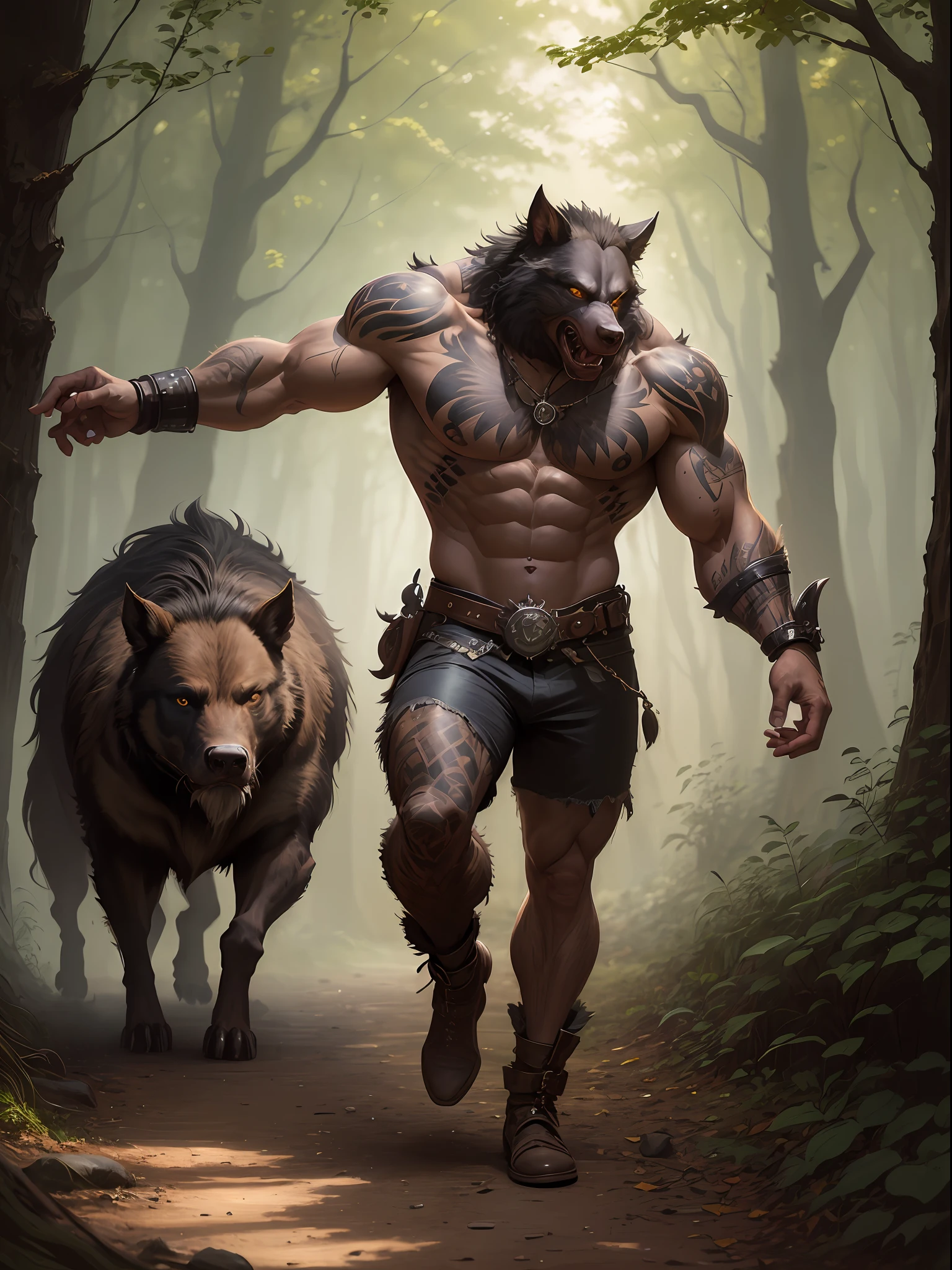 Man athletic physique, tattoos, boar werewolf, fights boar, dark skin, steampunk details, in the woods, art by Ralph Horsley, waves, digital art, style by Jean Baptiste Monge,
Bright, beautiful, huge weapons