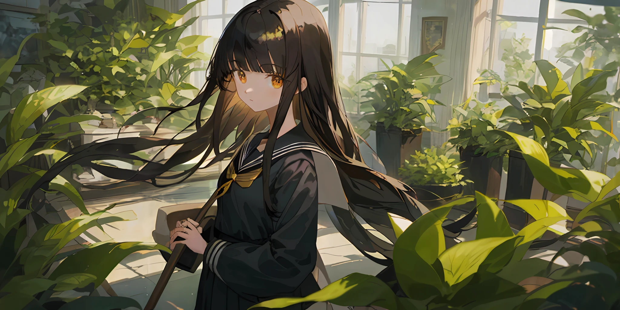(masterpiece, best quality)1girl, long hair, black hair, plant, looking at viewer, indoors, holding, bangs, solo focus, black sailor suit school uniform, golden eyes, small breast