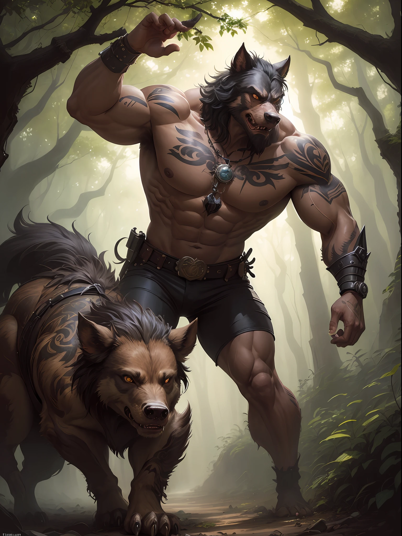 Man athletic physique, tattoos, boar werewolf, fights boar, dark skin, steampunk details, in the woods, art by Ralph Horsley, waves, digital art, style by Jean Baptiste Monge,
Bright, beautiful, huge weapons