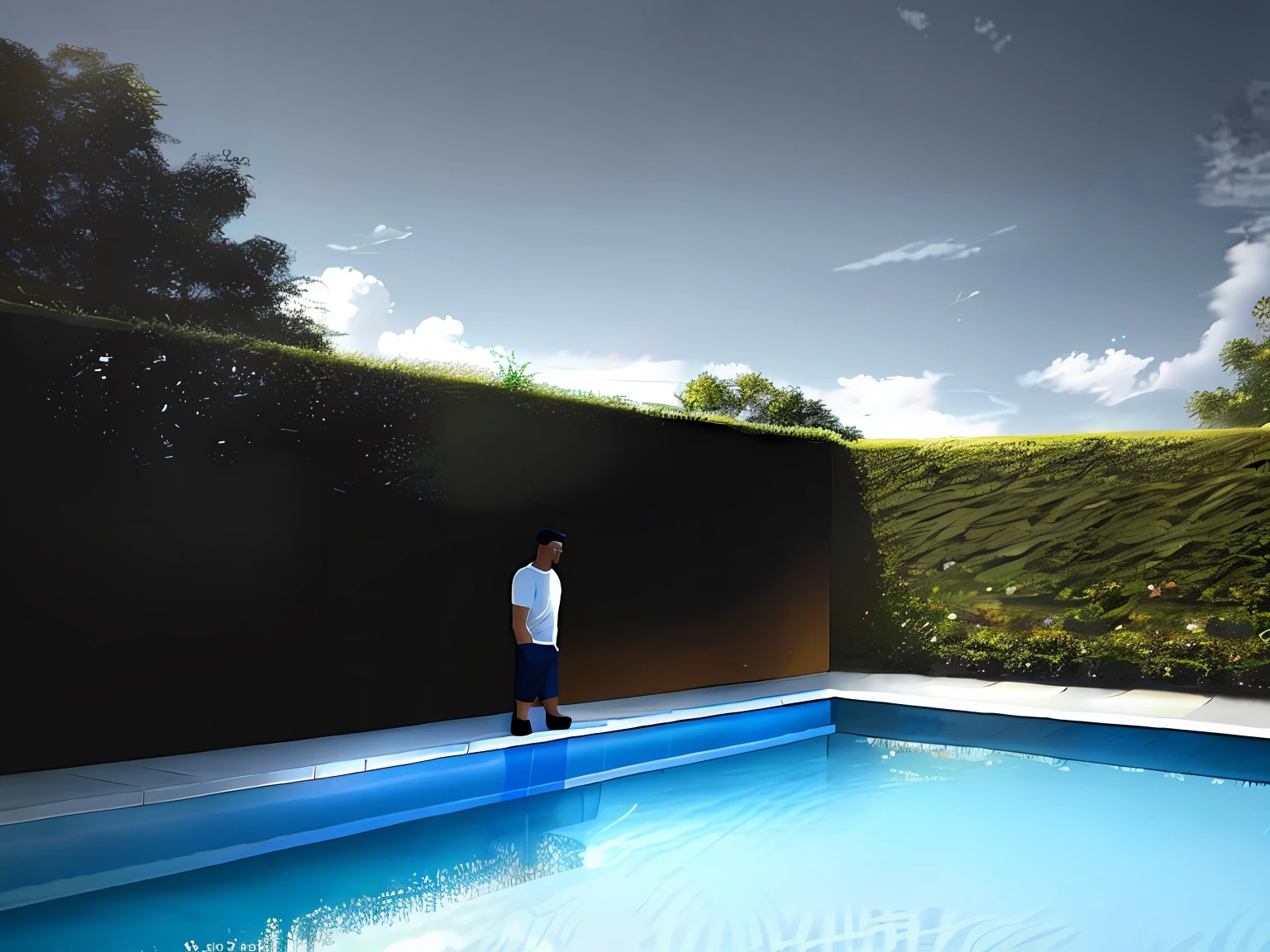 MC Kevin on a black background, with a landscape with pool with a dog