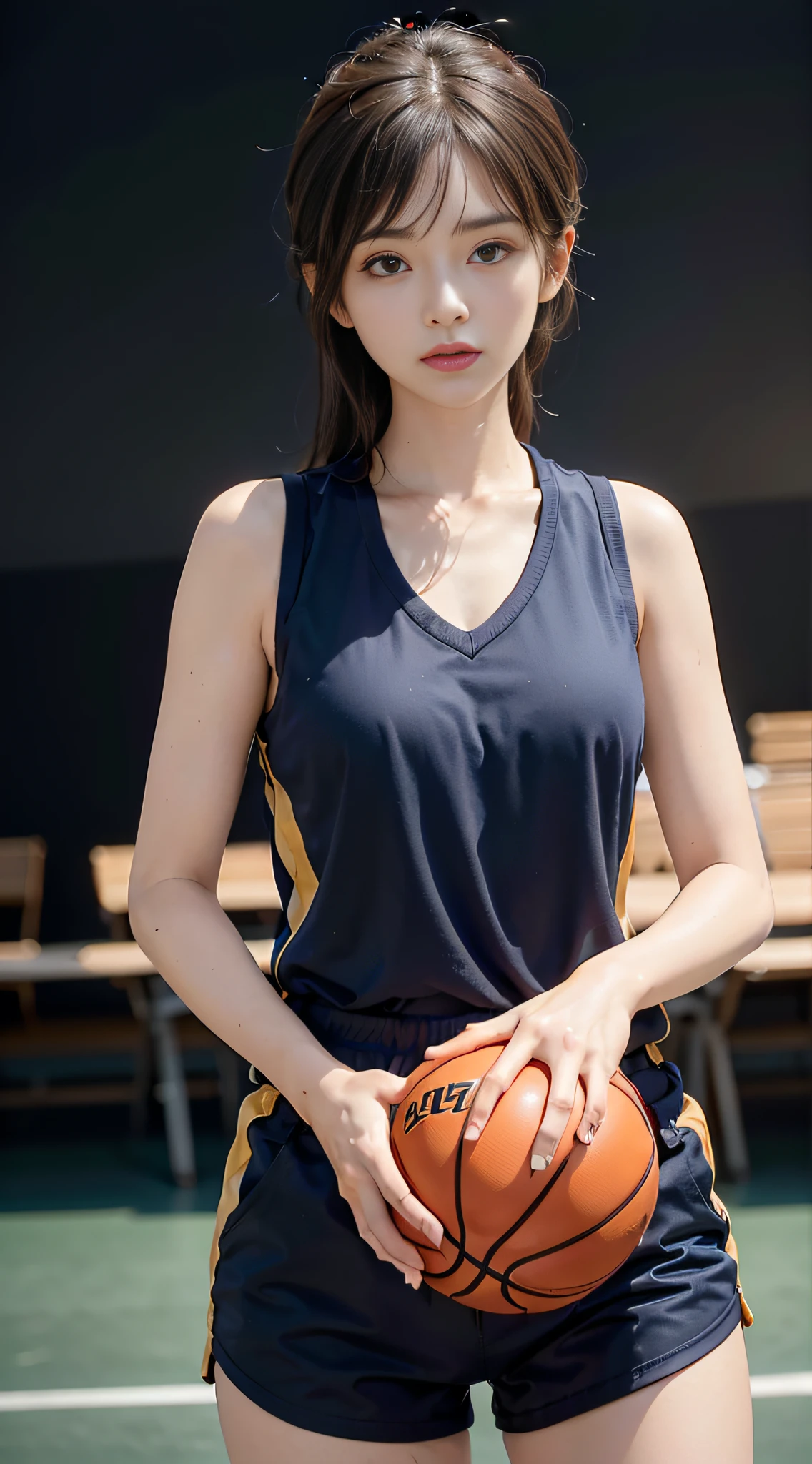 Best quality, (RAW photo: 1.2), (Masterpiece: 1.4), (Realistic: 1.4), (High resolution: 1.4), 1 girl, depth of field, basketball vest, basketball shorts, basketball court, sexy, intricate details, 8k, very detailed, perfect lighting, epic background, hand details