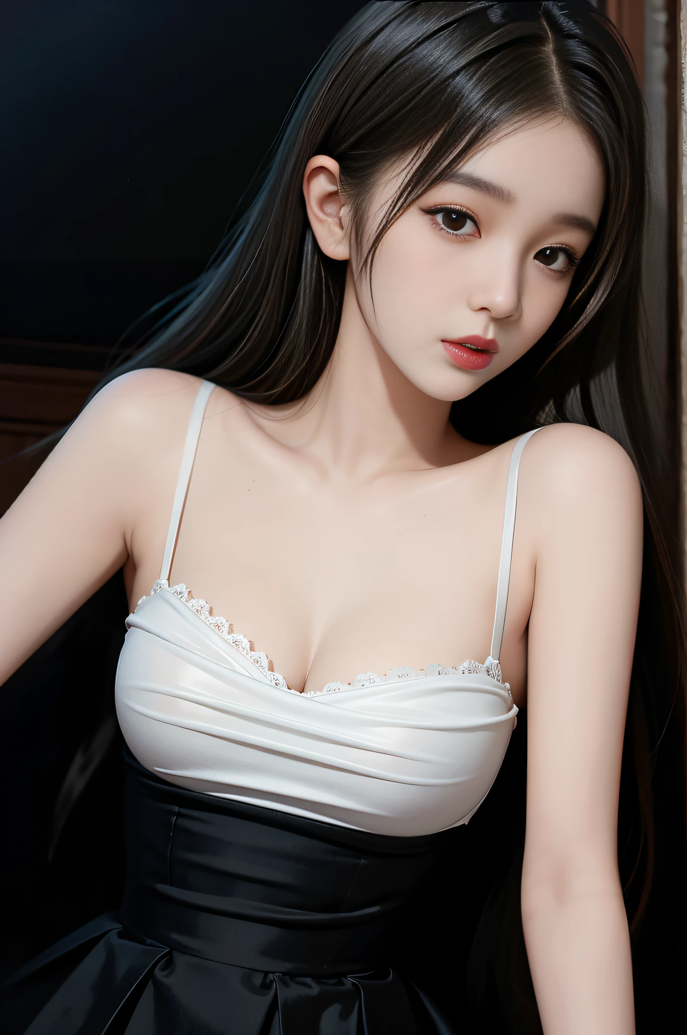 best quality, ultra high res, (photorealistic:1.4), 1girl, (intricate maid clothes:1), curvy, large breasts, black hair, looking at viewer,