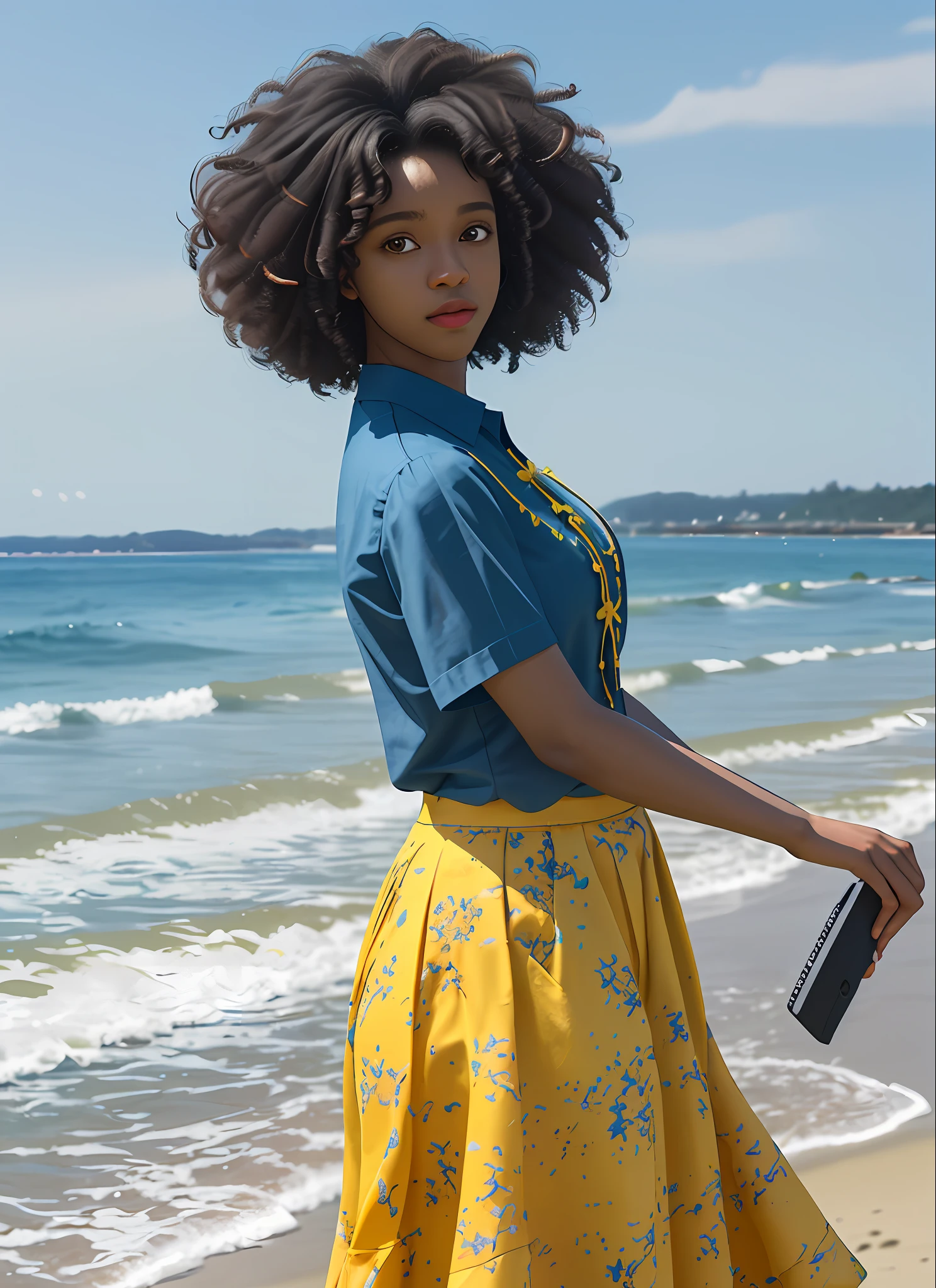 Ultra-realistic, 4k, professional photo, 22 year old girl, black girl, big curly hair, HDR, detailed face, medium body, yellow skirt with flower, (open blue shirt), Masterpiece, (lighting), (1solo), beach background, realistic background, realistic photo