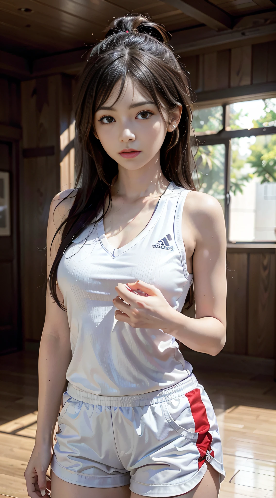 Best quality, (RAW photo: 1.2), (Masterpiece: 1.4), (Realistic: 1.4), (High resolution: 1.4), 1 girl, depth of field, basketball vest, basketball shorts, basketball court, sexy, intricate details, 8k, very detailed, perfect lighting, epic background, hand details