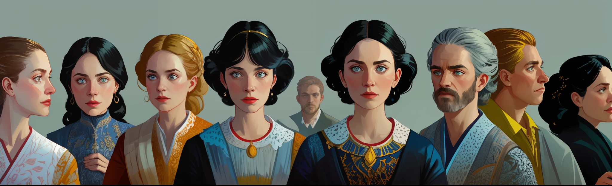 masterpiece, best quality, hyper detailed gouache portrait of a gorgeous woman speaking with other people, group conversation, character art portrait, detailed character portrait, epic scene illustration, graphic novel scene, dramatic tense scene