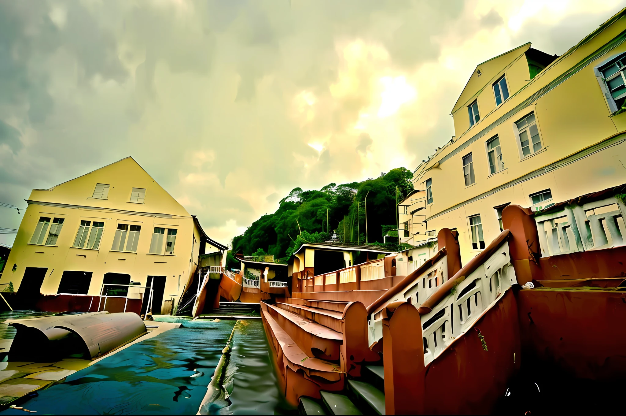 image of apocalypse, crumbling buildings, rubble, fire+, dirty water, running river, rapids,waves, realistic epic, hdr++, abandoned building,abandoned objects, many abandoned objects, rusty metals flood, dirty water,floating debris, neutral colors,, refractions of screen space, (complex details)+, complex details+, houses falling n o mio of the street shaking the waterhyperdetailed+, artistic station, cinematic plan,  vignette, complex background,,bush on the sidewalk,rusty carcasses on the ground, , birds flying, frogs, leaves floating in the water, water running in the mei of the scene, lots of vegetation on the roof of the houses, vegetation on the water's edge, plants in the water, frogs in the water, herons in the water, vultures flyingbush photorealistic on the façade