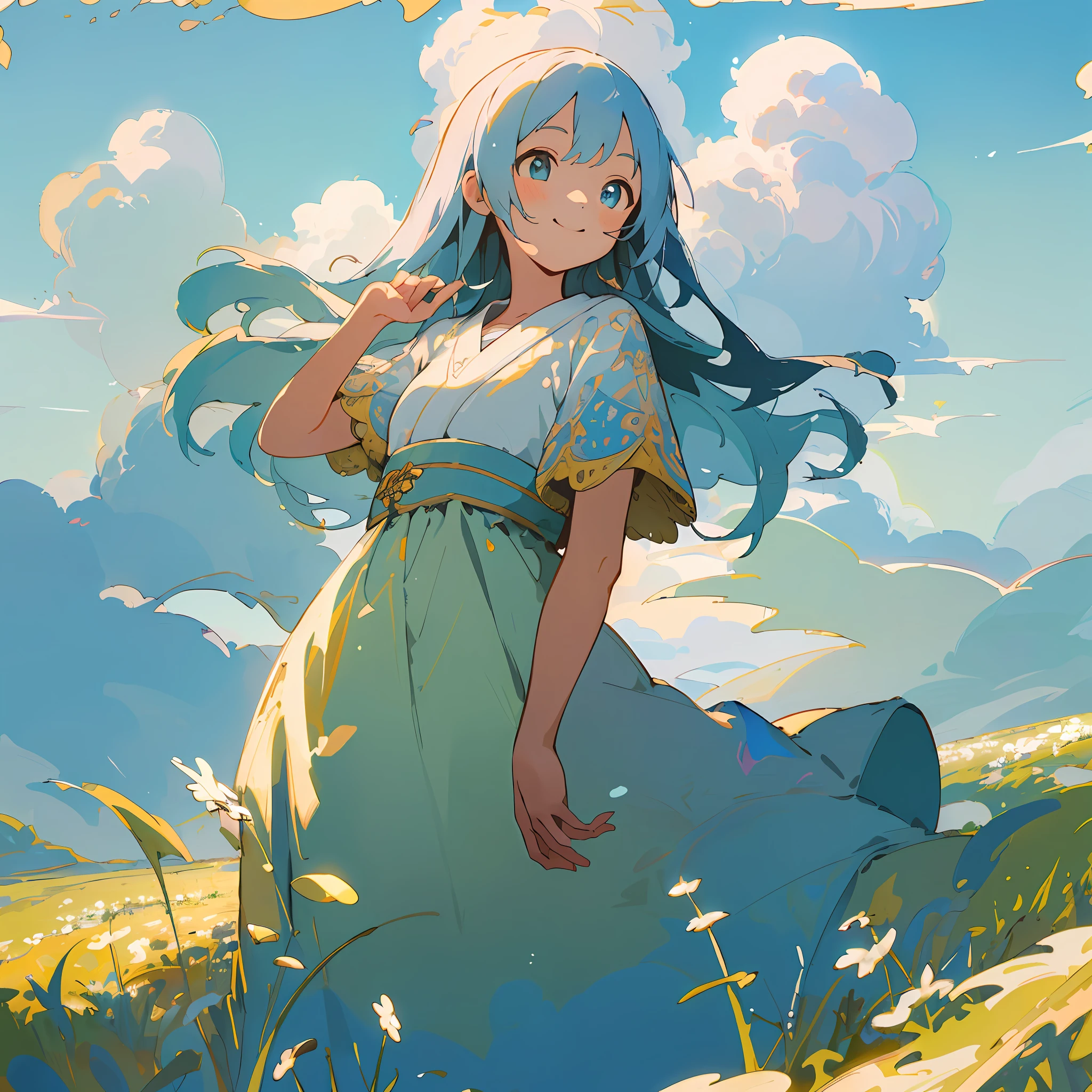 ((masterpiece, best quality, highest quality, illustration, intricate details)), blue sky, white clouds, meadow, 1 little girl, bright smile, fresh style, fresh tone, rich color, high saturation, depth of field, outdoors, Miyazaki style